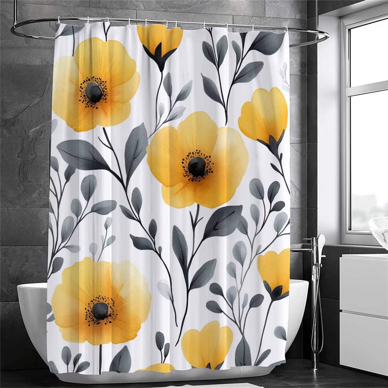 Żółta zasłona prysznicowa 240 x 200 cm, bardzo długa zasłona prysznicowa do łazienki, kwiaty, wodoodporna zasłona na drzwi z haczykami i obciążonym obszyciem, nadaje się do prania, szybkoschnąca, na