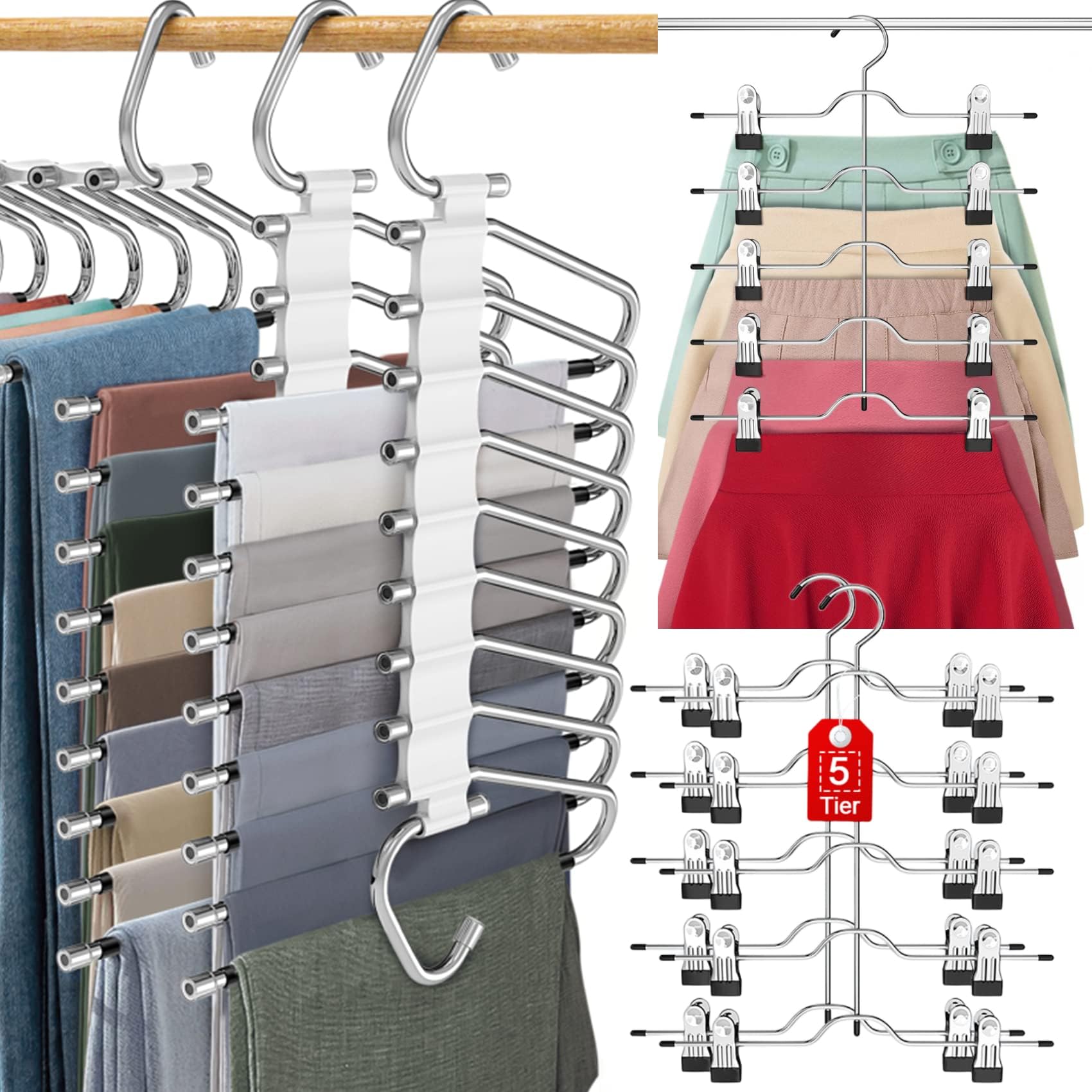 2 Pack Upgrade 9 Layers Pants Jeans Hangers Space Saving + 2 Pack Skirt Hangers Stainless Steel Multifunctional Clothes Pant Rack Dorm Room Essentials Closet Hanger Organizer for Pants Trousers Skirts