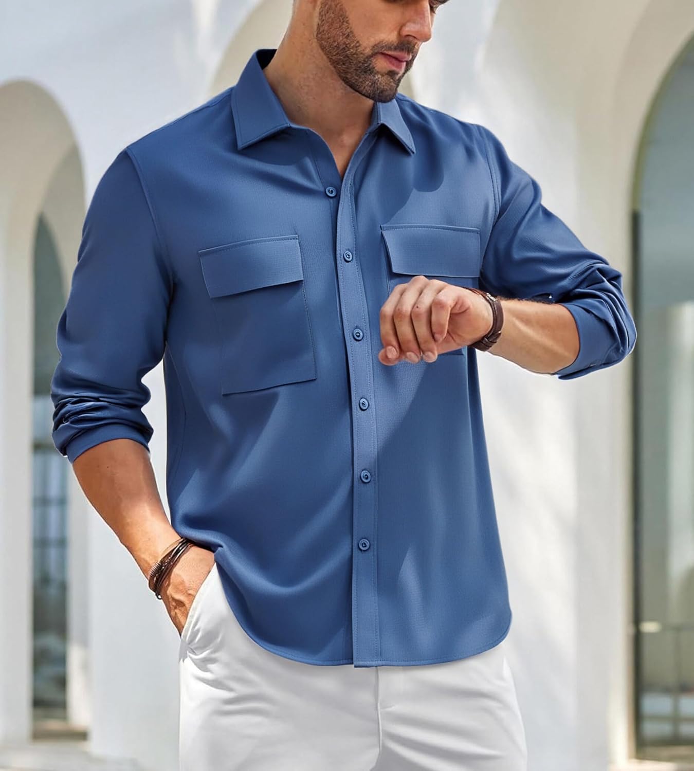 Alex Vando Mens Button Down Shirts Two Pockets Long Sleeve Casual Dress Shirt for Men - Image 2