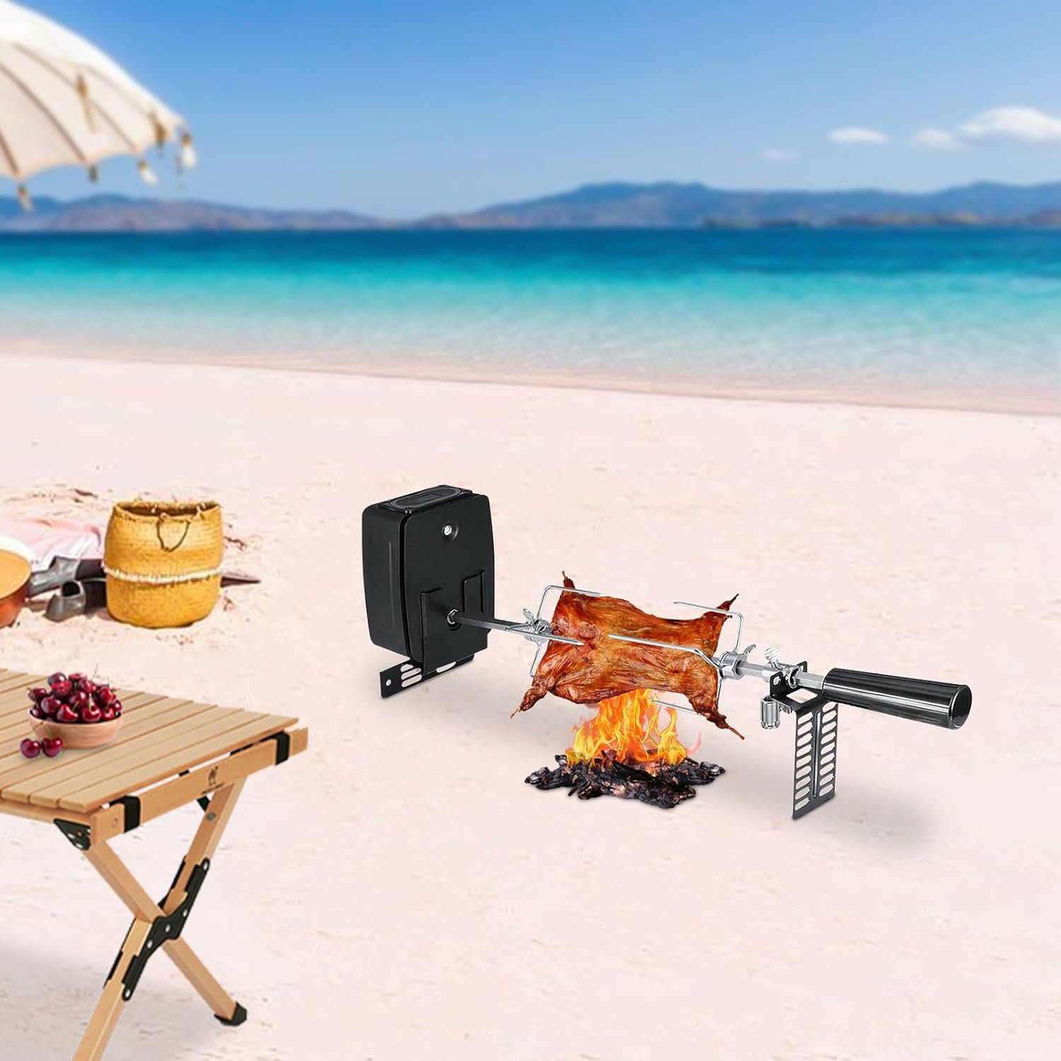 Battery-Powered Rotisserie Grill Kit - 304 Stainless Steel Camping Cookware with Auto-Spin Spit