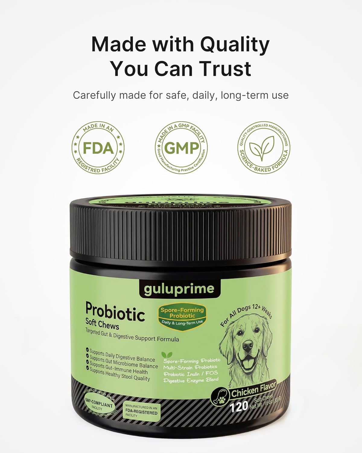 Probiotics for Dogs – Digestive & Gut Health Support, Dog Probiotic Chews with Spore-Forming Bacillus Coagulans, Multi-Strain Lactobacillus + Prebiotic Inulin, Chicken Flavor, 120 Soft Chews