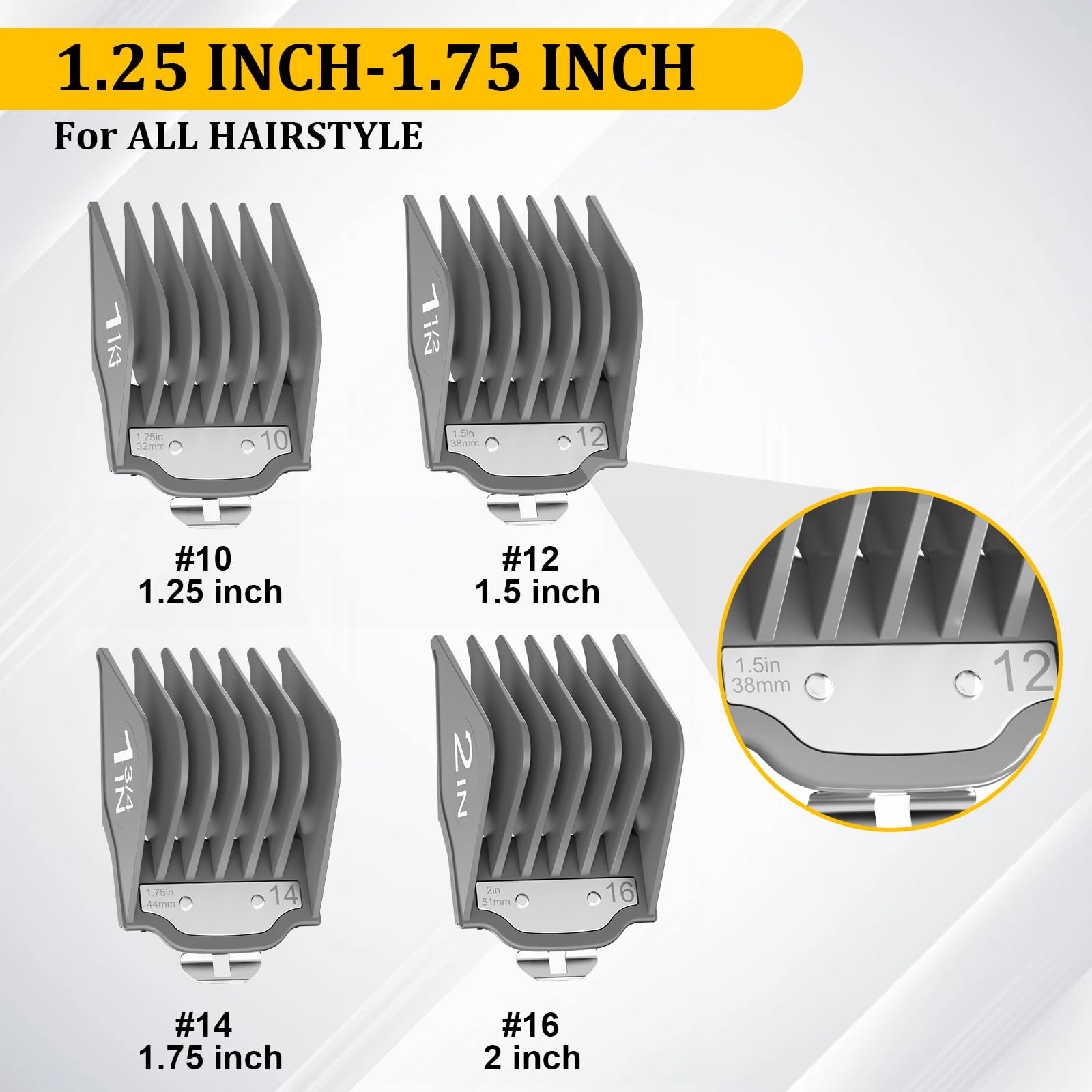 Scherenschutz mit Metallclip, 3,2 cm, 3,8 cm, 4,4 cm, 5,1 cm, kompatibel mit den meisten Haarschneidemaschinen, 4 Stück extra lange professionelle Haarschneidekämme, Führungen 10, 12, 14, 16, Grau