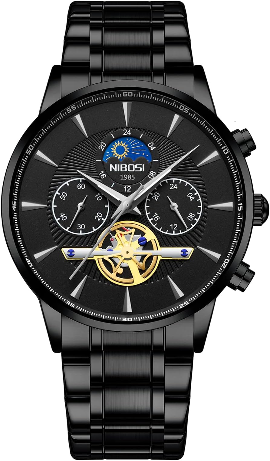 NIBOSIMen's Watch Analog Sport Chronograph Tourbillon Wrist Watch Business Quartz Waterproof Stainless Steel Dress Watch