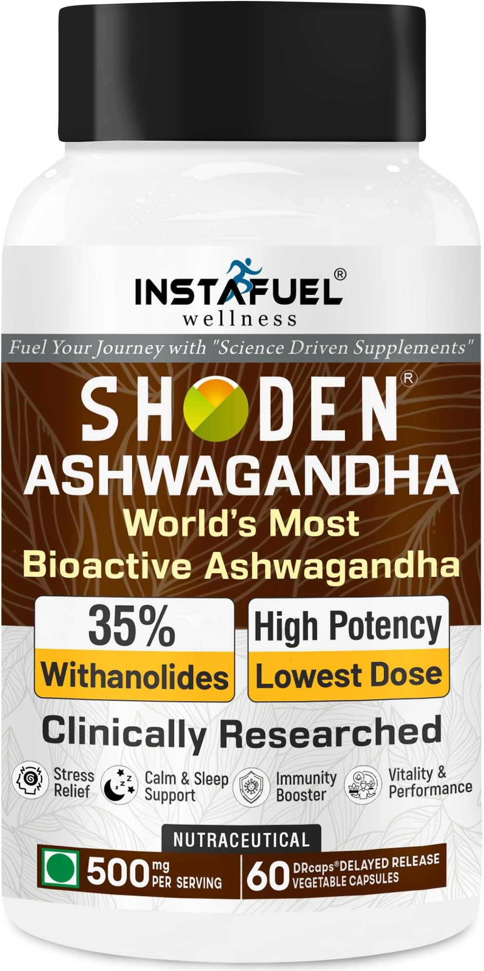 Instafuel Ashwagandha Supplements | Clinically Research 35% Withanolides Shoden® Ashwagandha Roots Extract - Mood, Stress, Sleep, Brain Memory Booster, Energy, Immunity & Vitality | 60 Veg Capsules
