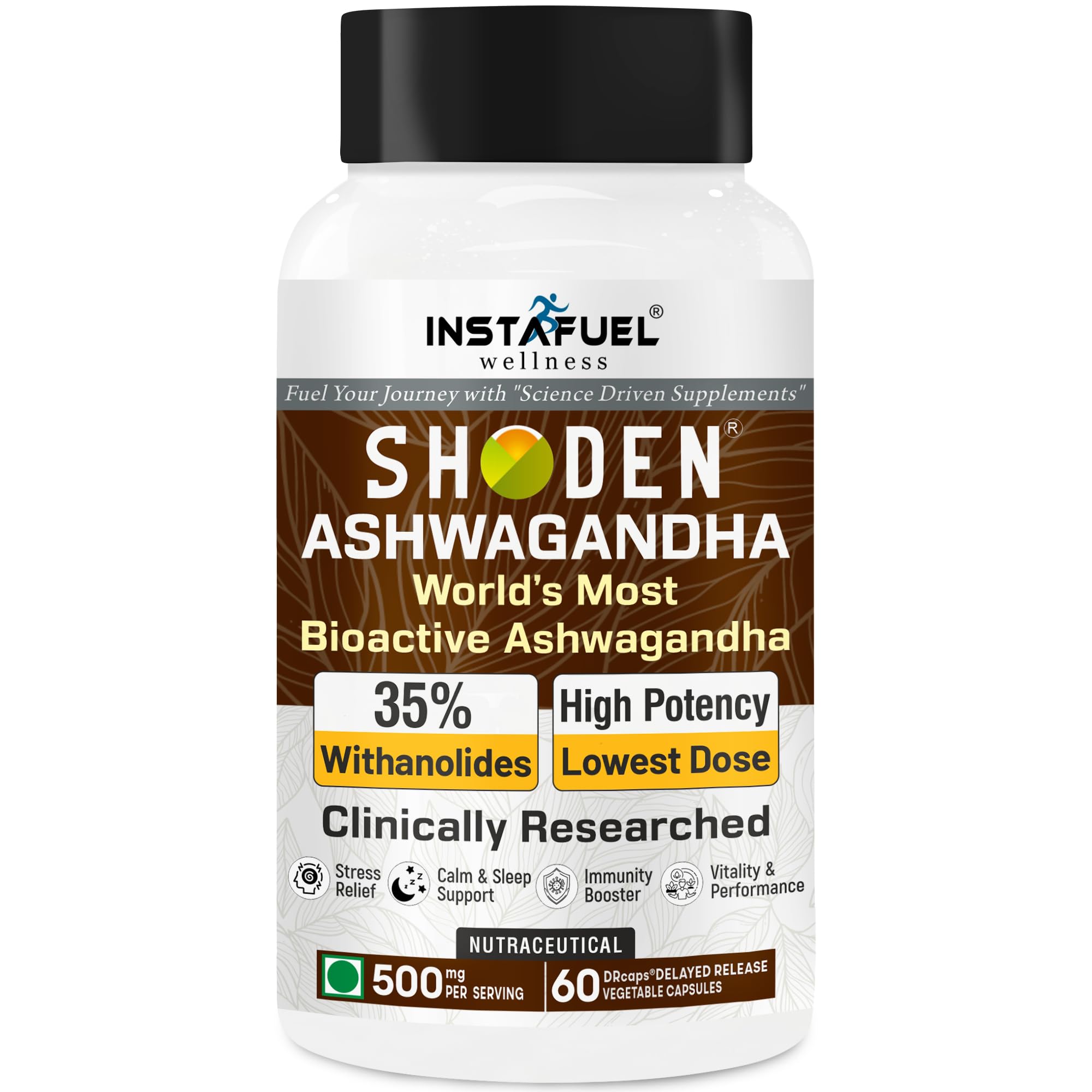Ashwagandha Supplements | Clinically Research 35% Withanolides Shoden® Ashwagandha Roots Extract - Mood, Stress, Sleep, Brain Memory Booster, Energy, Immunity & Vitality | 60 Veg Capsules