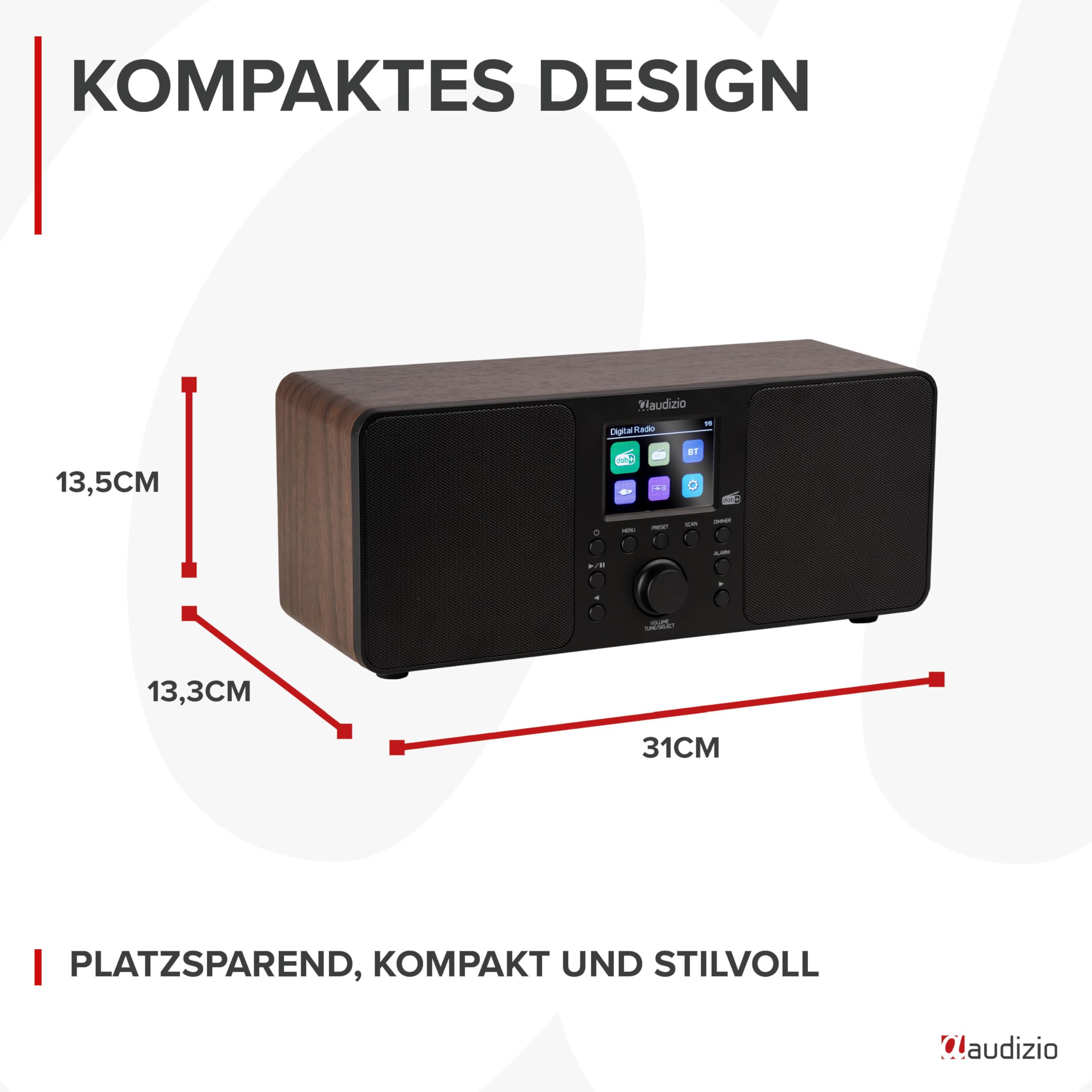 Audizio Genua DAB Radio mit Bluetooth – Stereo DAB Plus Radio mit Fernbedienung, 60 Speicherplätze, Auto Scan, Line-Out, USB, Ideal für Zuhause und Unterwegs, Einfache Bedienung - Holz Look