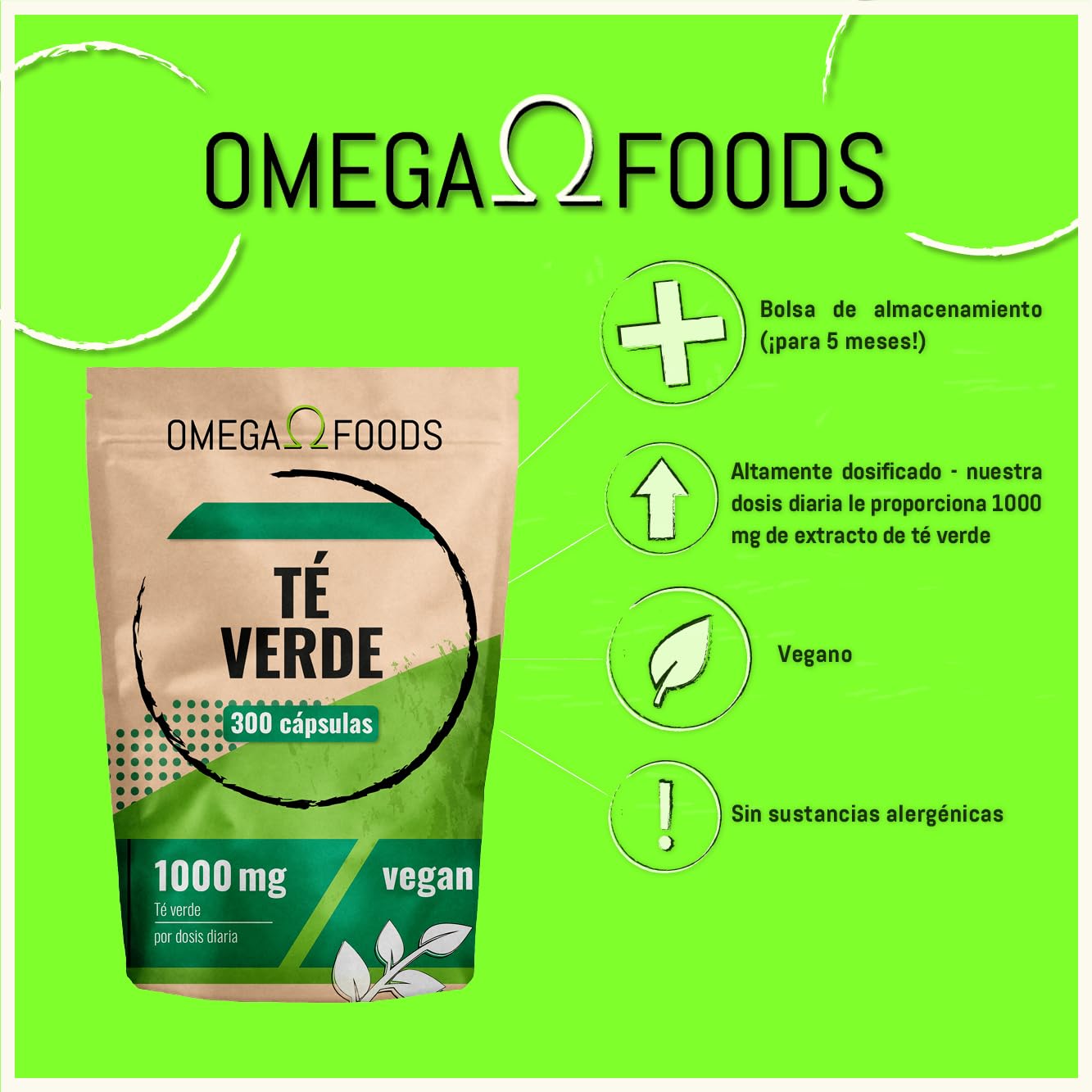 Cápsulas de té verde – 300 cápsulas de extracto de té verde altamente dosificado – 1 000 mg por dosis diaria – Extracto de téverde