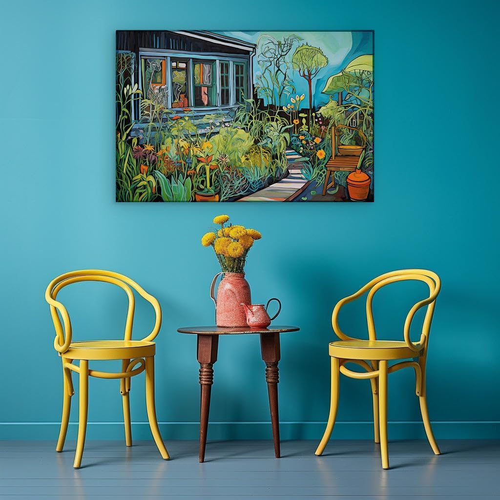 Canvas for Living room. Serene Garden Sanctuary: Where Nature's Palette Unfolds Outside the Blue Haven, 27 x 18 inch Canvas Wall Art - Ready to Hang - 69x46 cm (27x18 inch)