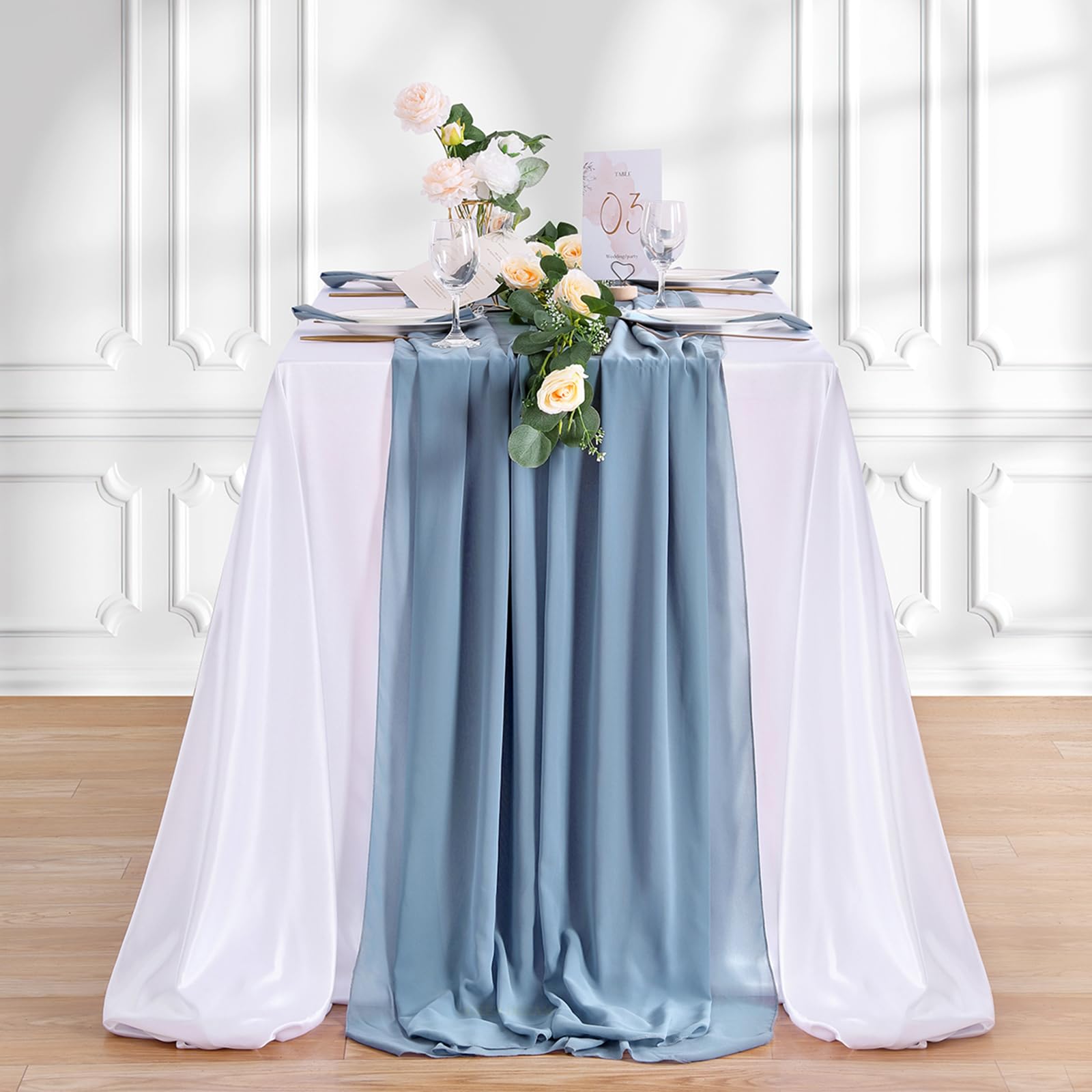 10 Pieces Dusty Blue Chiffon Table Runner 27x120 Inches Wedding Table Runner Romantic Sheer Chiffon Fabric for Wedding Bridal Baby Shower Decorations