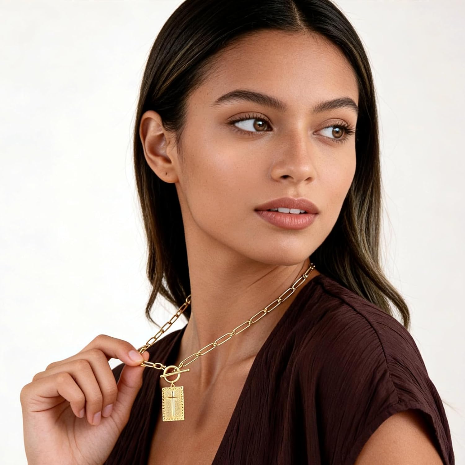 Cross Pendant Necklace for Women,Gold and Silver Plated Toggle Clasp Rectangle Cross Charm Necklace, Dainty Paperclip Chain Religious Jewelry Gift for Christian Faith, Baptism, First Communion - Image 3