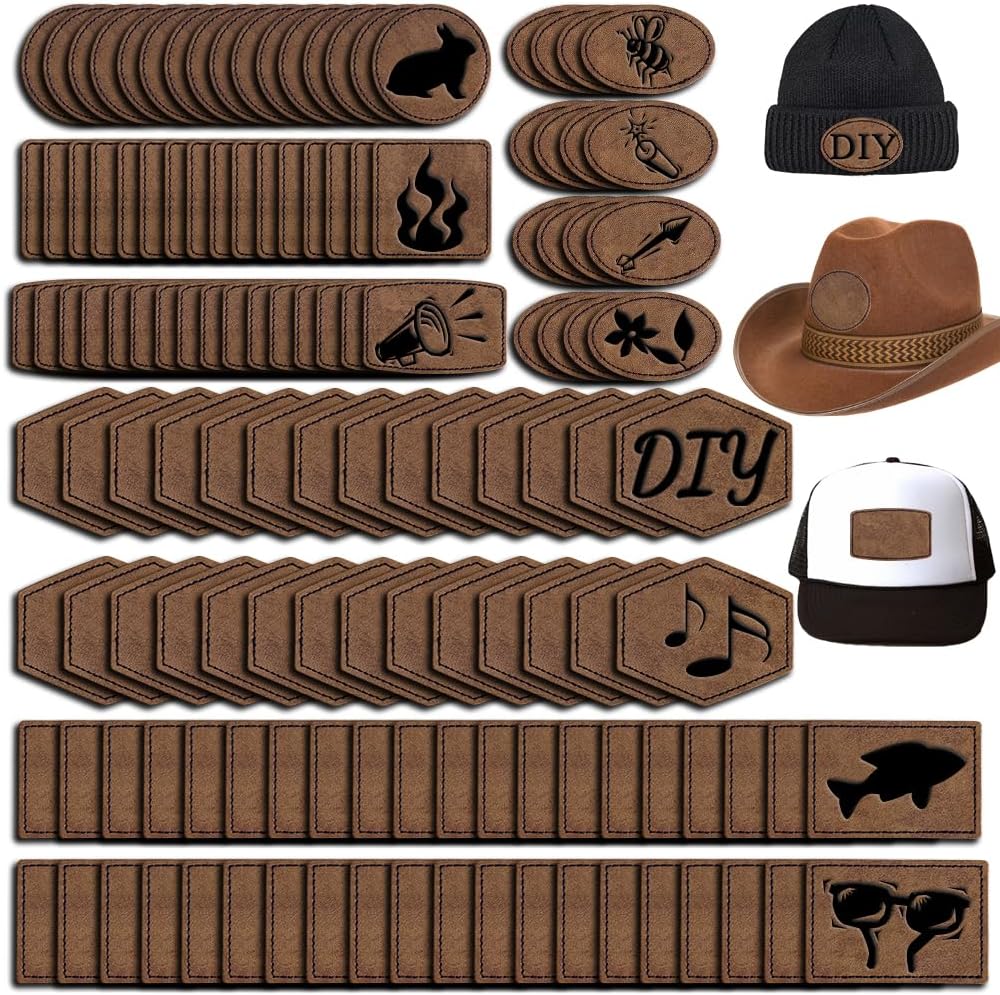 134 Pcs 6 Types of Shape Custom Logo Blank Rustic Hat Leather Patch with Adhesive,Iron on Heat Press Laser Engraving Repair Sew for Cowboy Cap Faux Leatherette Patch (134-6T-Brown)