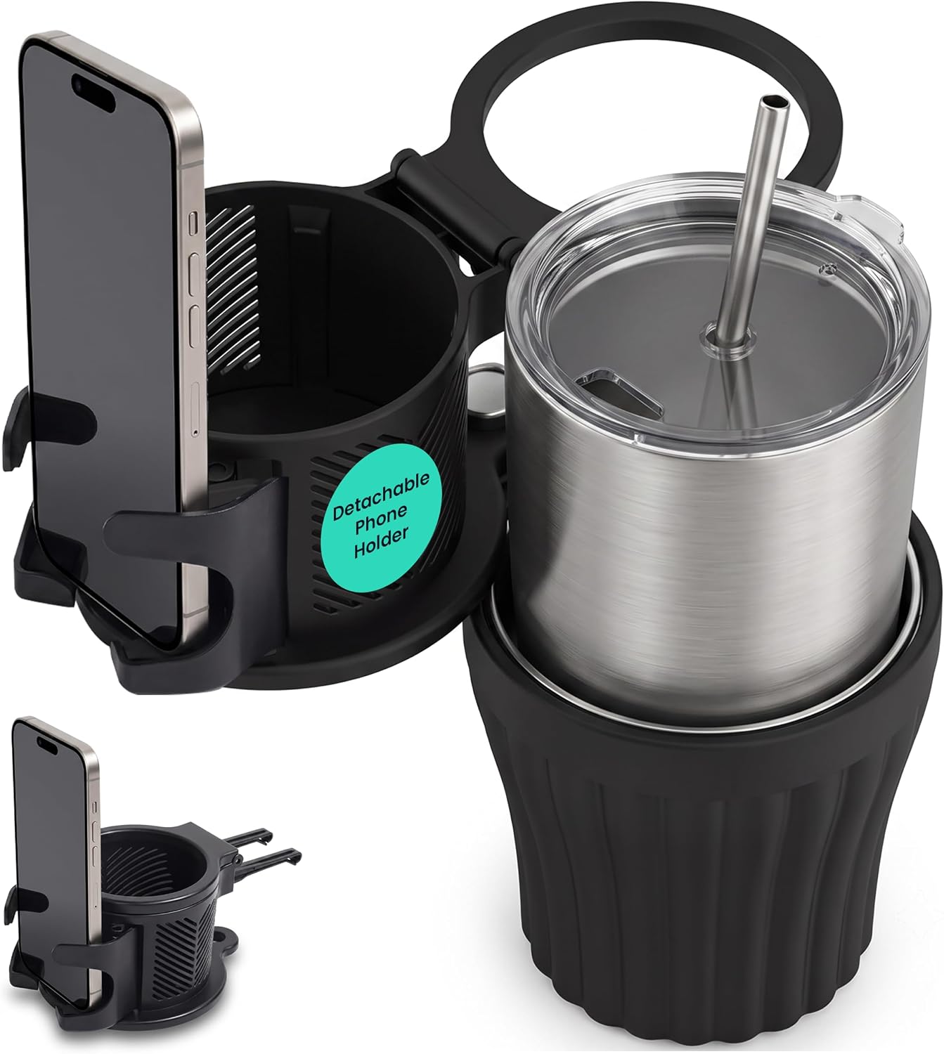 Car Cup Holder Extender with Adjustable Phone Holder, 360° Adjustable Cup Holder Expander with Stainless Steel Liner, Fits a Variety of Tumblers, Water Bottles, Coffee Cups, Large Cups & Soda Cans.