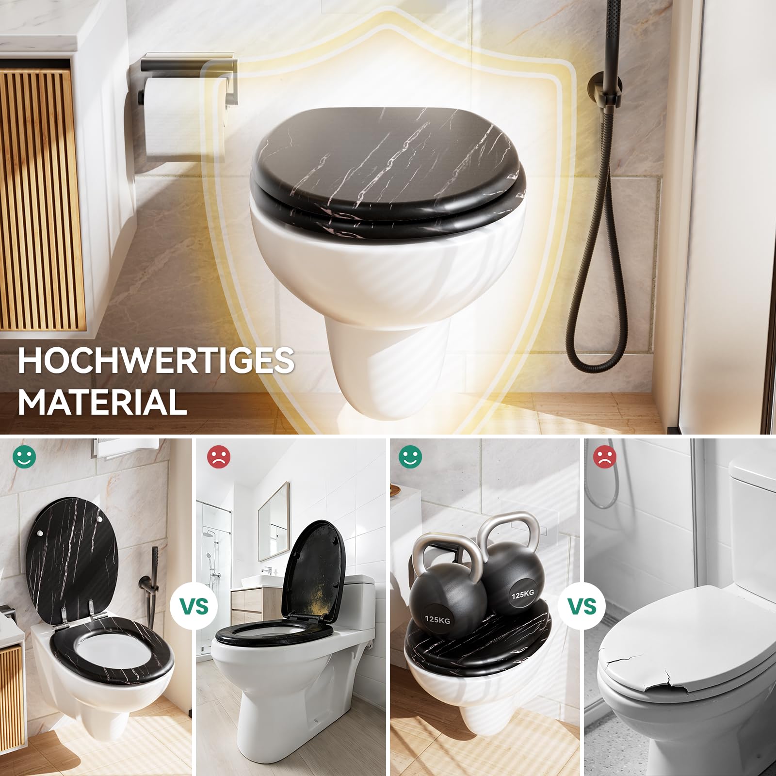 Toilettendeckel mit Absenkautomatik Holz - WC Sitz Bambus Klodeckel Oval MDF Klobrille Toilettensitz Softclose Toilet Seat Schwarz 175 KG Belastbarkeit