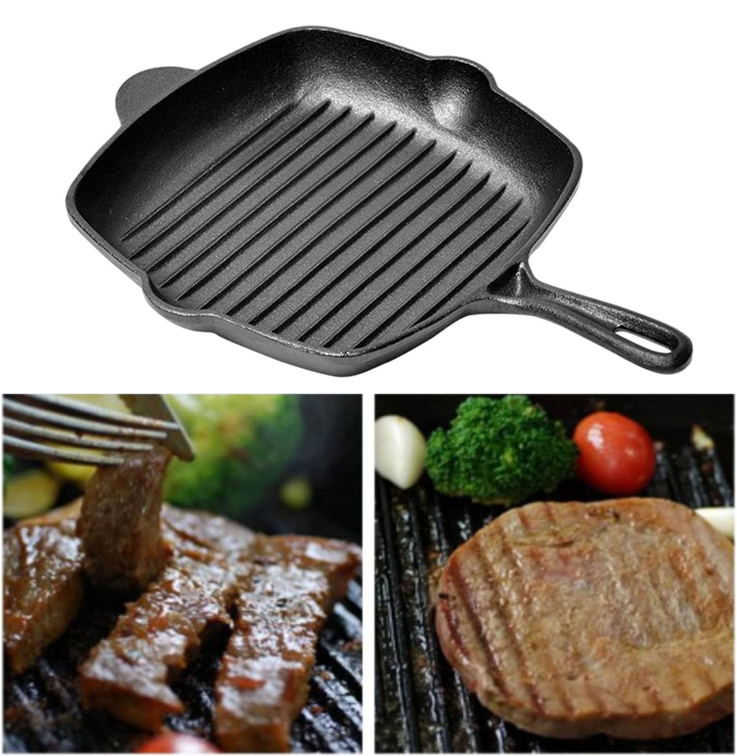 – Nonstick Cast Iron Square Grill Pan with Handle, Uncoated Griddle for Steak and Frying, Suitable for Induction Cooker and Gas Stove (24cm/9.5inch)
