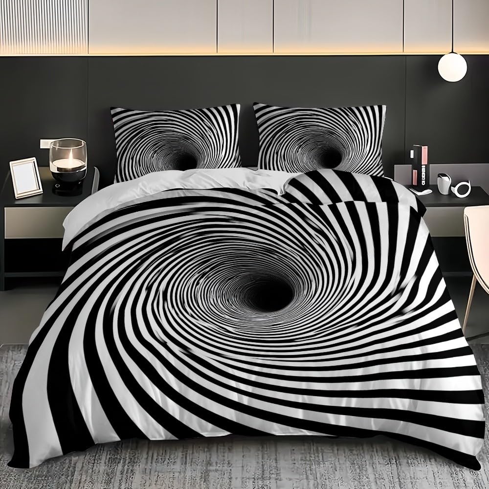 Fantasy 3D Swirl Lines Duvet Covers 220x220cm Black And White Quilt Cover 3 Pieces Microfiber Soft Hypoallergenic Bedding Sets With Zipper For Adults