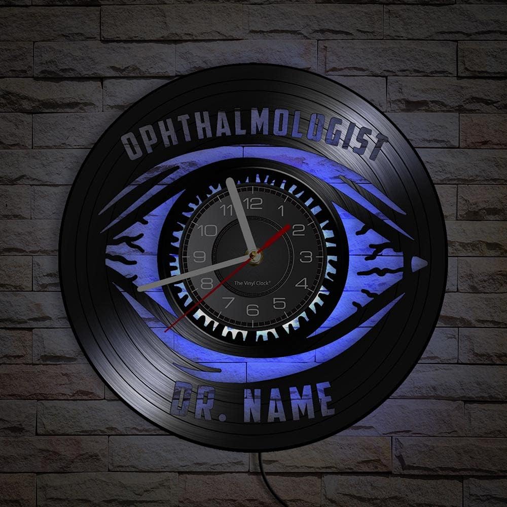 12 Inch Ophthalmologist Wall Clock 7 Kinds of LED Color, Modern Decorative Analog Black Vinyl Record Wall Clock Silent Quartz Non Ticking for Office Decor Doctor Nurse Medical Students Gifts