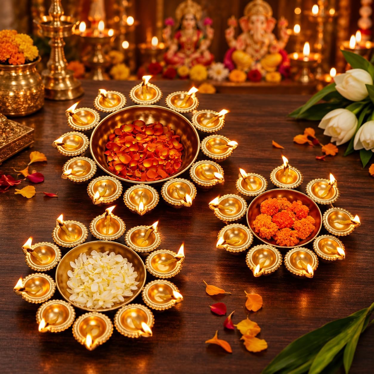 TIED RIBBONS Diya Shape Urli Bowl Set for Decoration | Iron, 10,12,14 Inch | Set of 3 | Flower Decorative Bowl for Wedding, Pooja - Diwali Decorations for House | Ganesh Chaturthi Decoration, Navratri