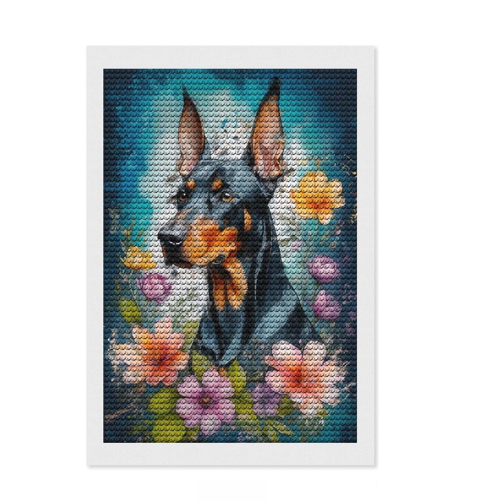 Junmoney Doberman in Bloom Diamond Painting Kit 8"x12", Relaxing DIY Hobby, Neat Printed Canvas, Home Wall Decor, Thoughtful Handmade Gift