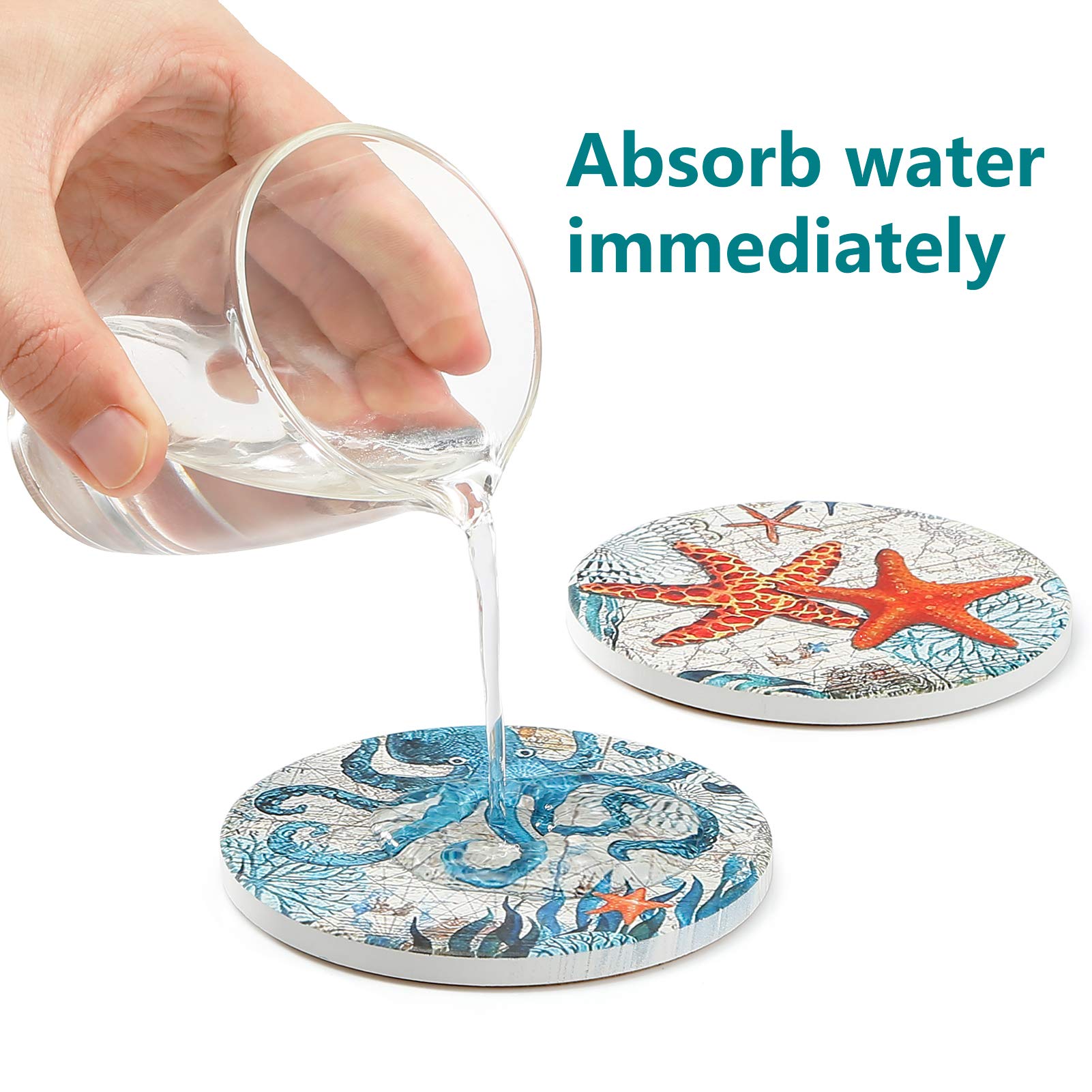 8 Posavasos de Piedra con Soporte para Bebidas, Base de Corcho, Tema Tropical de Playa, para inauguración de la casa, apartamento, Cocina, habitación, Bar, cumpleaños, Mesa de Madera