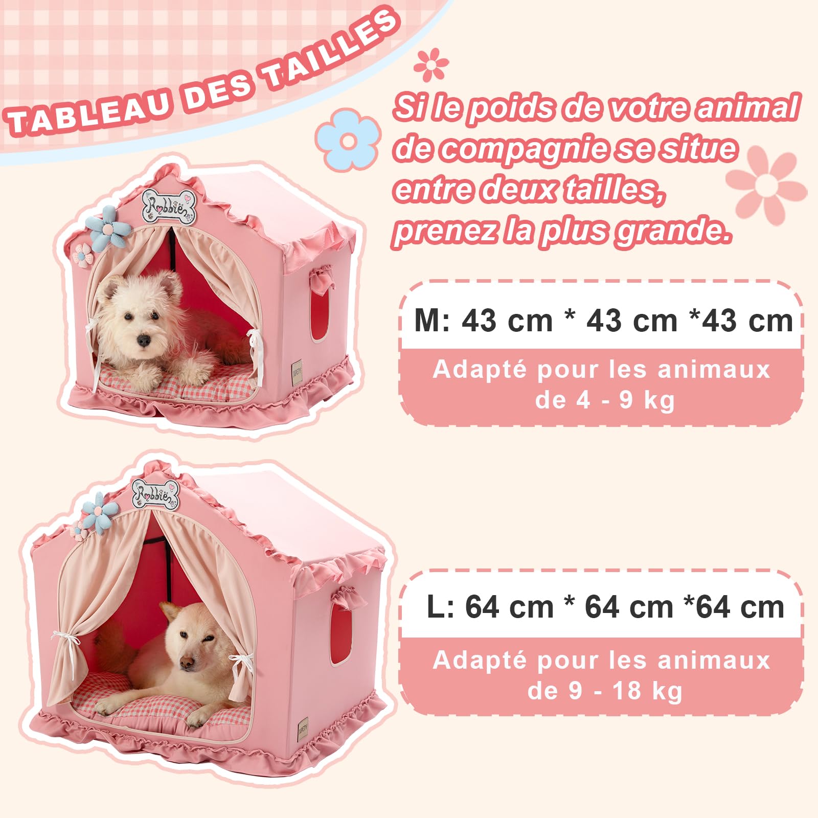 Jiupety Niche pour chien Cabane d'intérieur pliable lavable avec cadre toit ventilé taille L 64x64x64 cm 9-18 kg