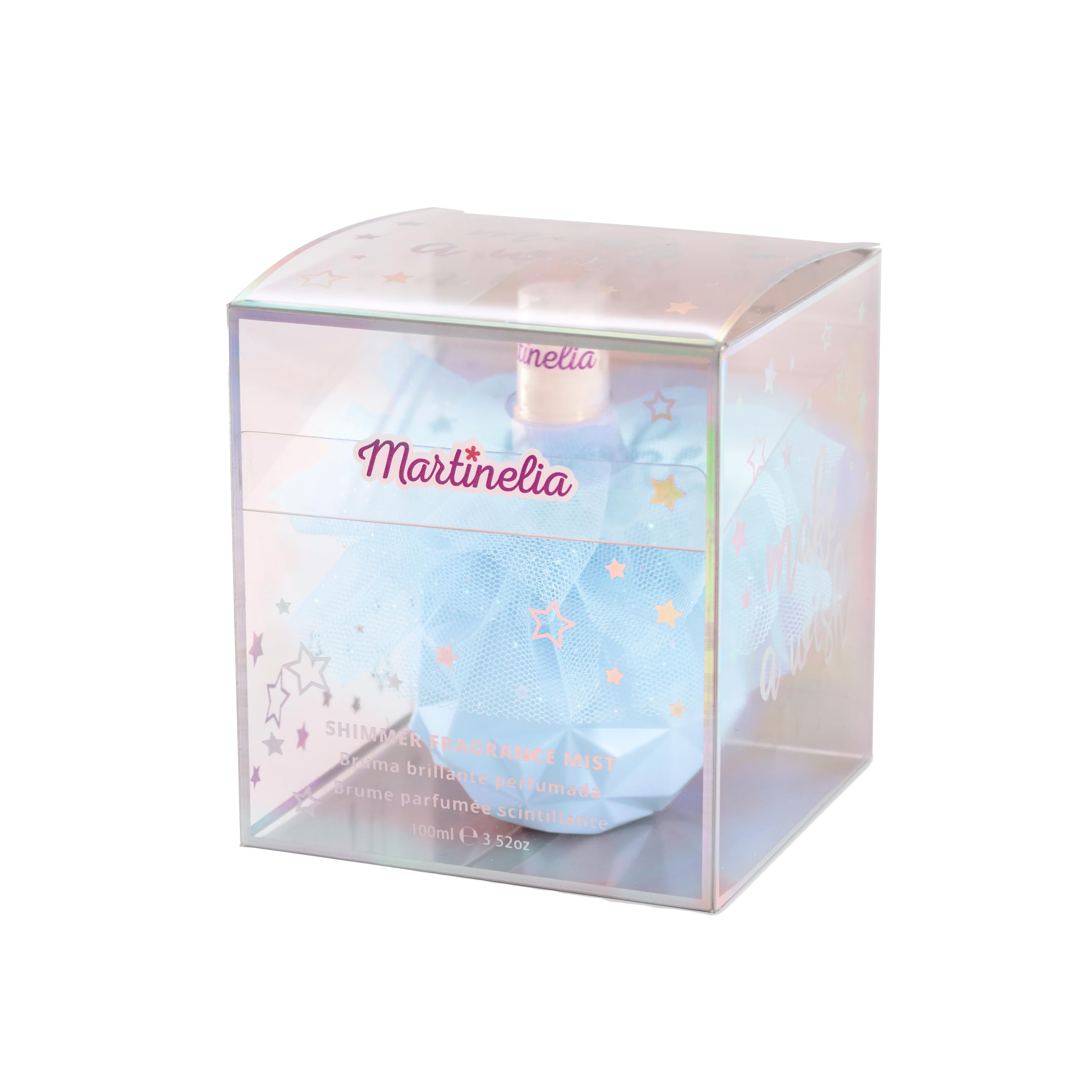 Martinelia Nebbia profumata glitterata, 100 ml – Fragranza per bambina scintillante – Eau de Toilette Nebbia morbida per la pelle profumata, Routine Bellezza, bella bottiglia spray blu con tulle