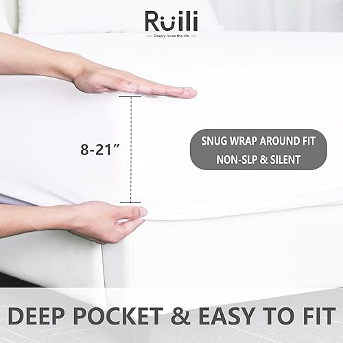 Miniatura 4 de Ruili Protector de colchón impermeable, suave, transpirable, sin ruido, lavable a máquina, elástico para bolsillos de 8 a 18 pulgadas de profundidad