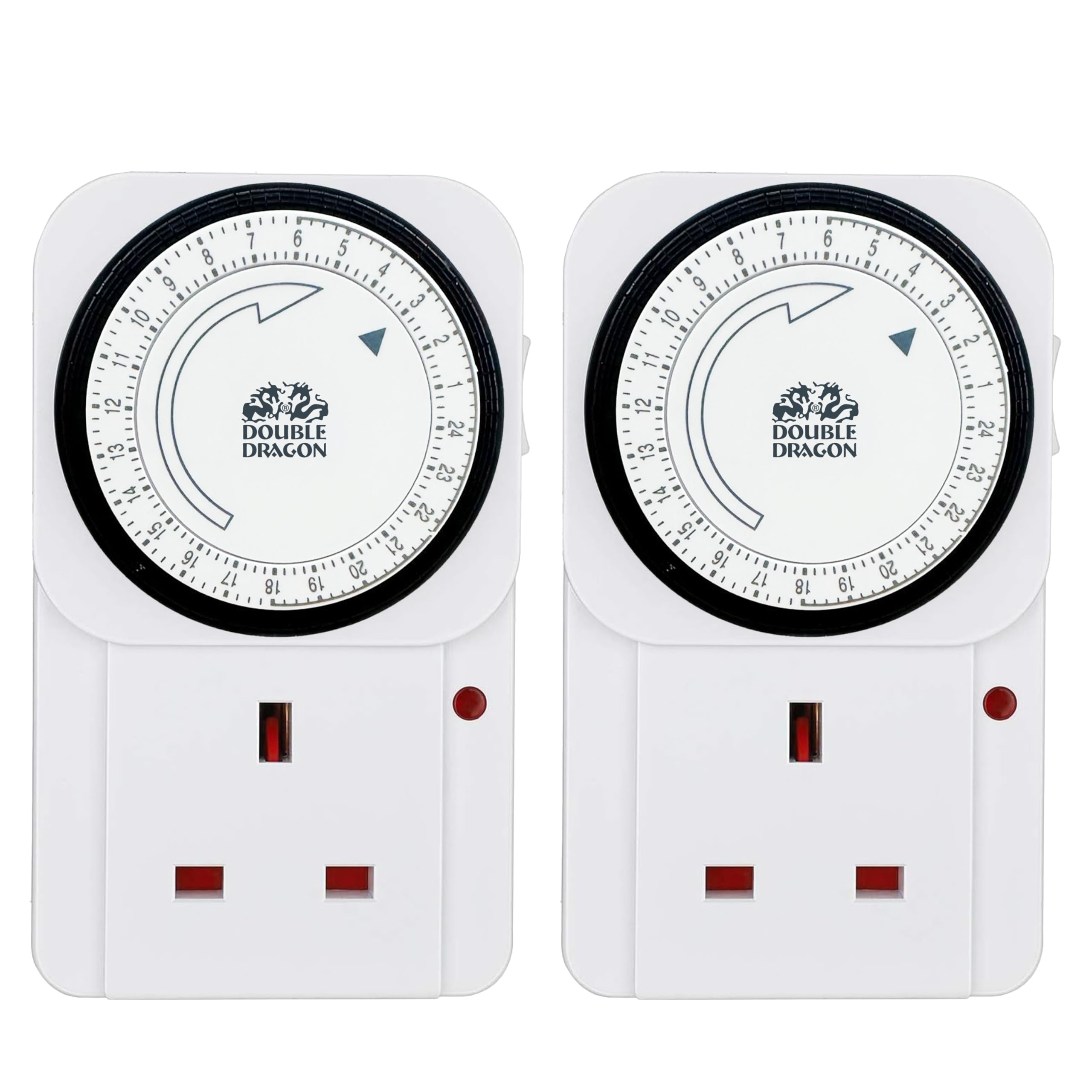 Double Dragon Pack of 2, 24 Hour Mechanical Timer Plug Socket| Programmable UK 3-Pin Timer Switch with 15-Minute Intervals |13A 3120W Energy-Saving Plug-in Timer for Lights, Appliances & Home Security