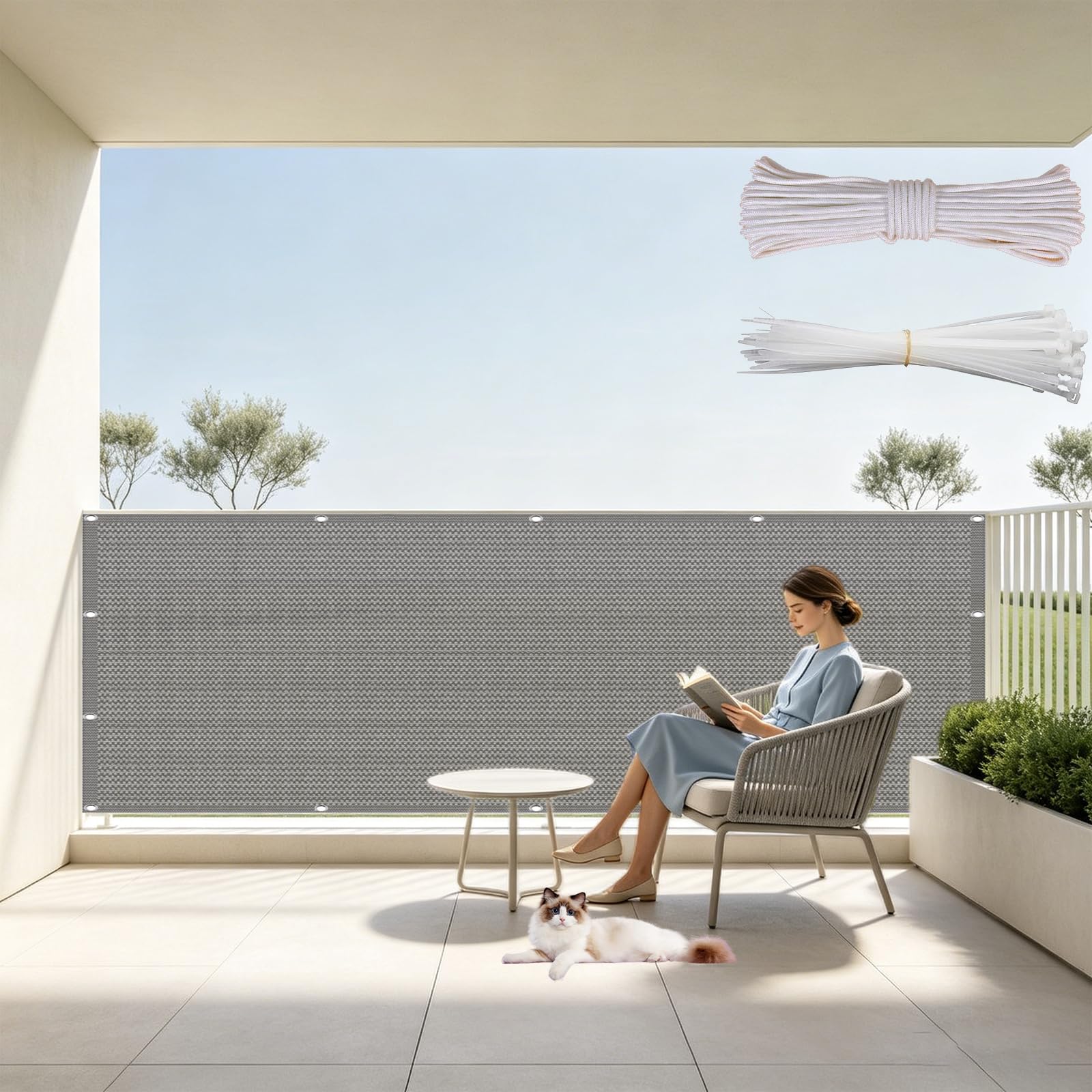 Telo Balcone 110 x 350 cm in HDPE 220G ㎡, Permeabile, Anti-Uv, Frangivento, Protezione Solare, Frangivisto Balcone Protezione con Fascette e Funi para Jardín Exterior, Grigio
