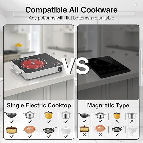 Miniatura 7 de VBGK Placa de cocina eléctrica, 110 V, con función táctil y perilla, quemador individual de 1800 W con asa, 9 niveles de potencia, bloqueo de