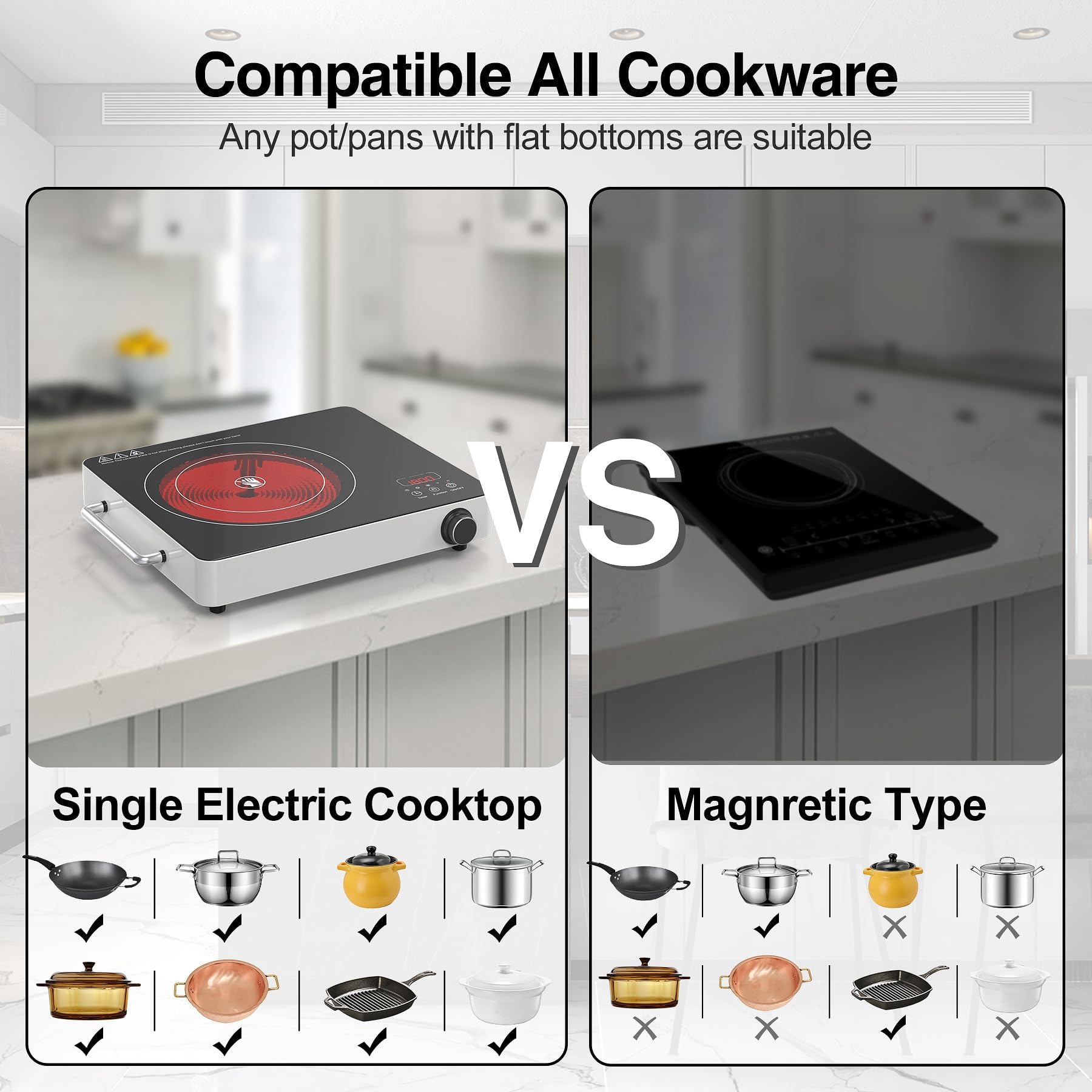 Placa de cocina eléctrica, 110 V, con función táctil y perilla, quemador individual de 1800 W con asa, 9 niveles de potencia, bloqueo de seguridad para niños y temporizador de 4 horas, portátil 7