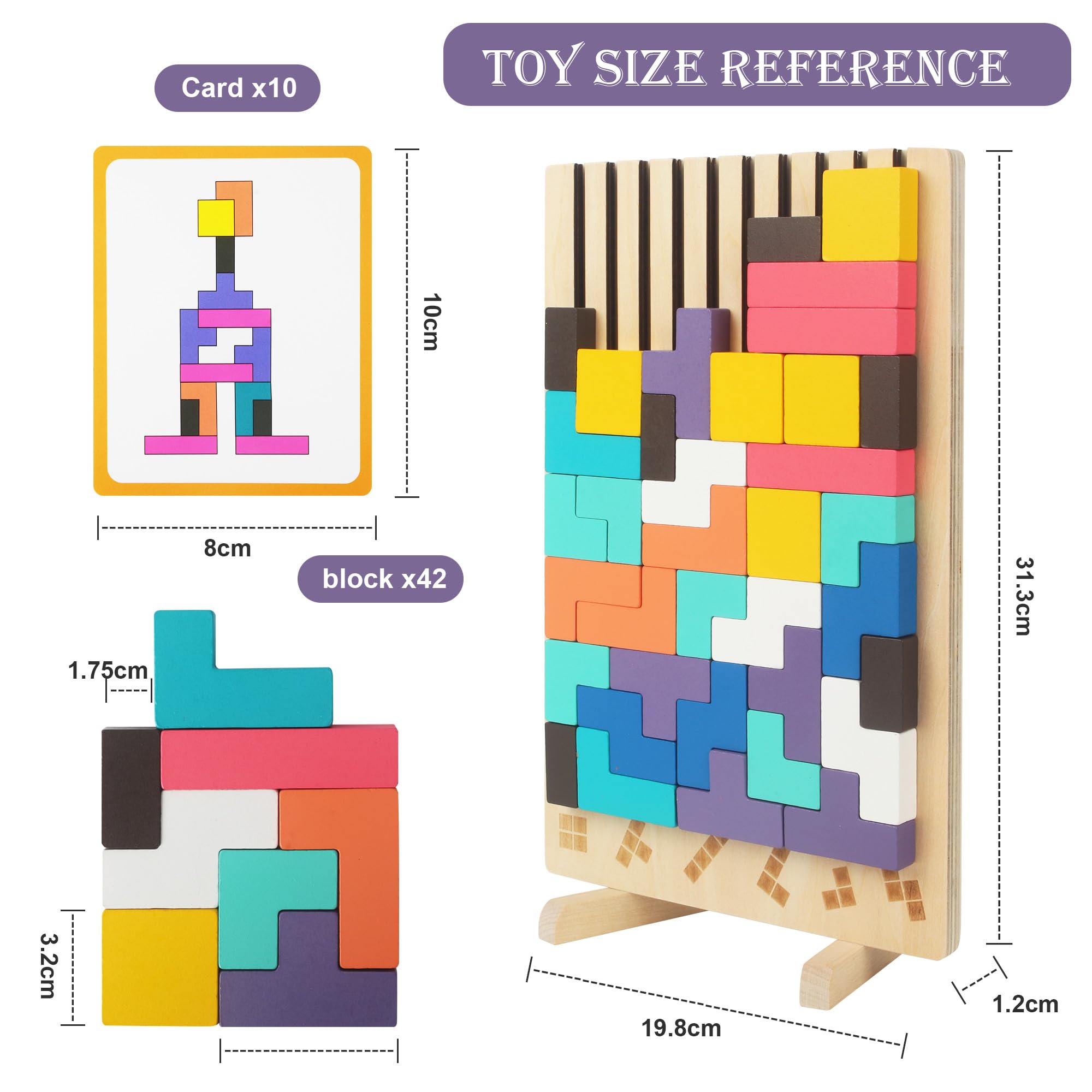 Gioco Impilabile in Legno Tetris, Giocattoli Educativi, con 10 Carte, Intelligenza Jigsaw, Puzzle Bambini 3 4 5 6 Anni, Colorato Blocchi Geometrici Tetris, Regalo Educativi