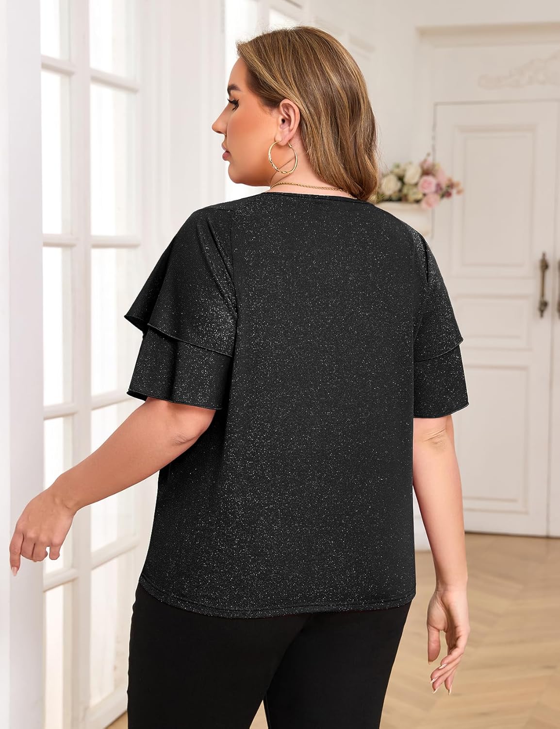 ZOMVA Women's Plus Size Sparkly Top Glitter Blouse Short Ruffle Sleeves Dressy Shirt Elegant Party - Image 2
