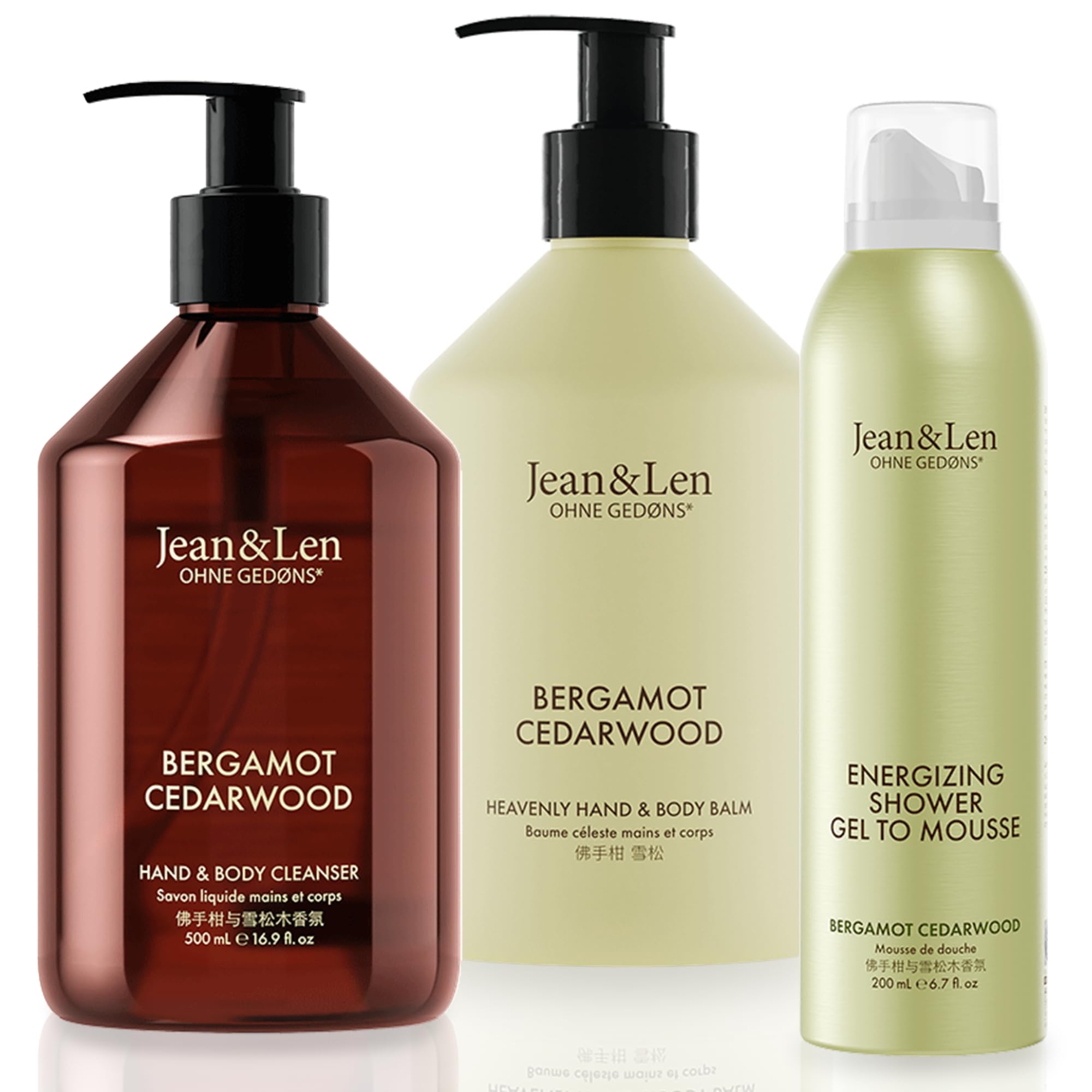 Jean & Len Bergamot Cedarwood Hand & Body Cleanser, Shower Gel to Mousse and Hand & Body Balm Set, for clean and nourished skin, refreshing citrus scent, 1x Set