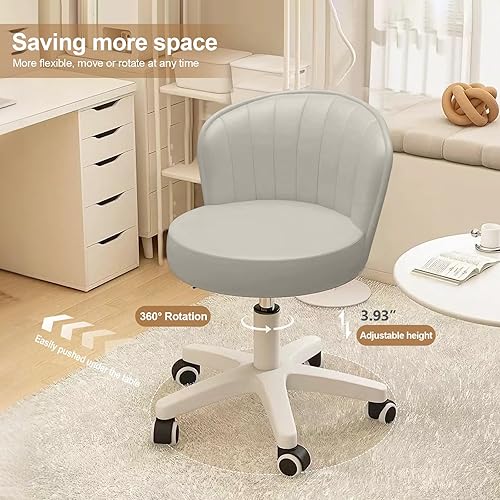 Miniatura 3 de Silla pequeña redonda de escritorio con ruedas, cómoda silla de tocador para computadora con respaldo bajo, piel sintética, altura ajustable,