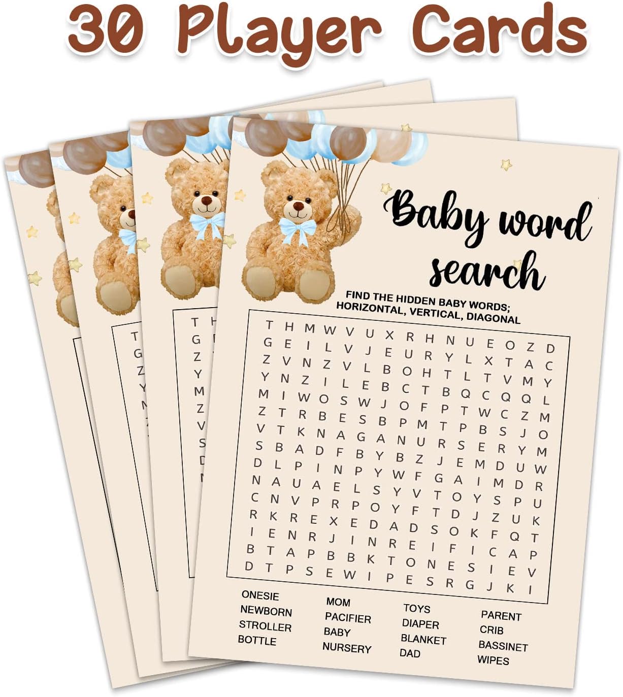 30Pcs Baby Shower Games, Double-Sided Baby Word Search Cards, Brown Bear image 3