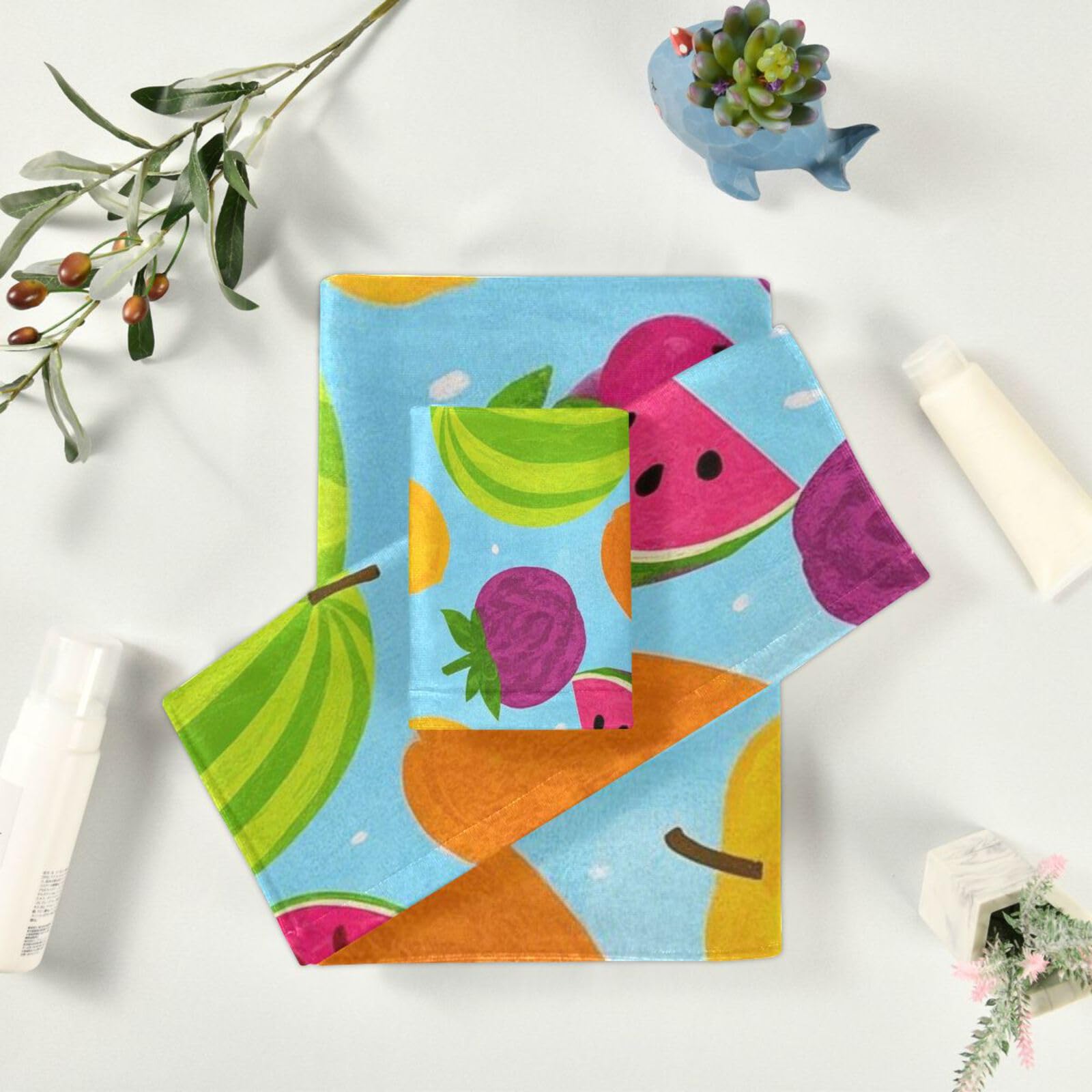 Set di 3 asciugamani assorbenti per il viso con frutta estiva e anguria, 1 asciugamano da bagno, 1 asciugamano per le mani, 1 panno per il viso del corpo