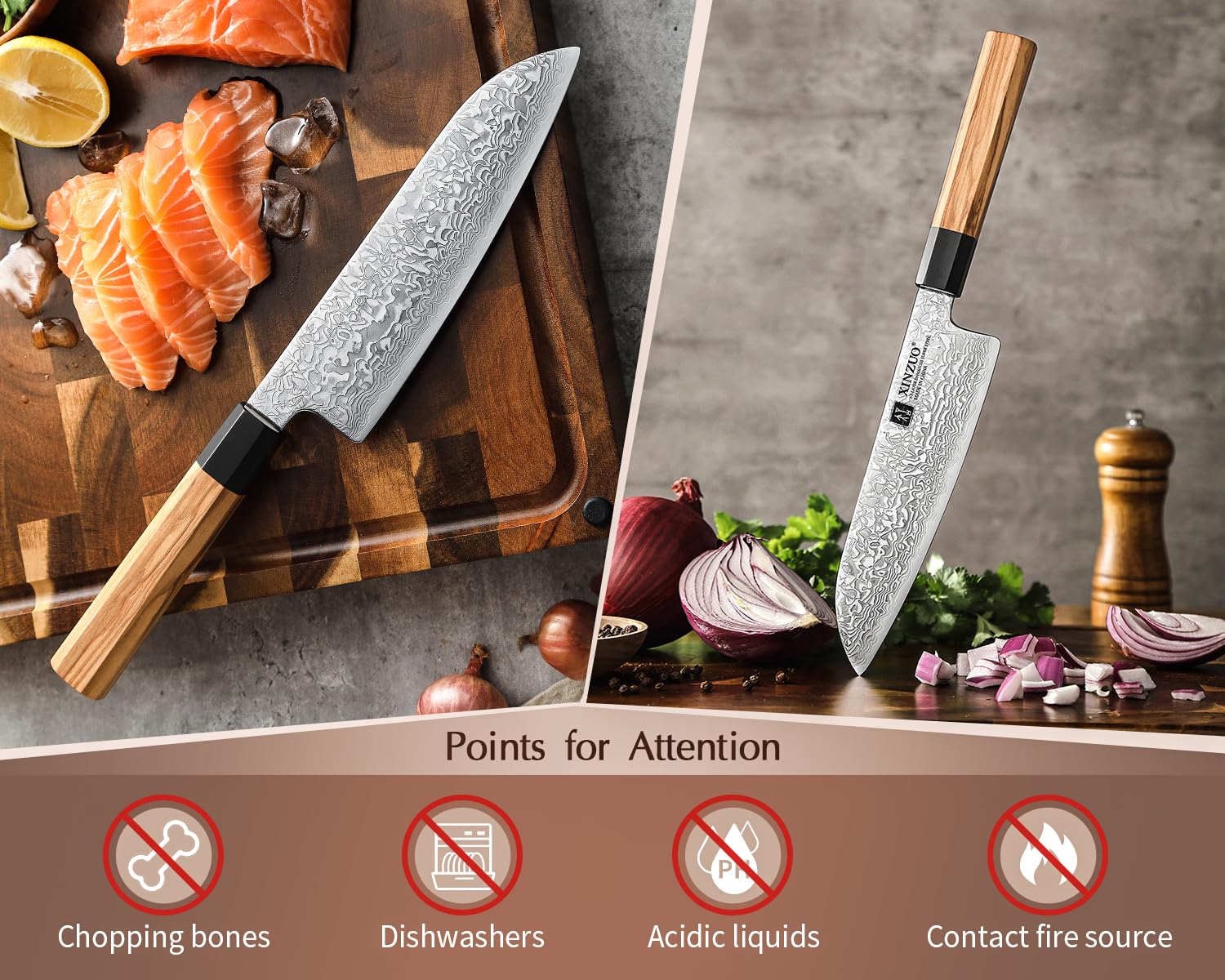 XINZUO 18,5cm Couteau Santoku, 67 Couches en Acier Damas Couteau de Cuisine Multifonctions Couteau de Chef Professionnel Couteau Damas -Poignée Octogonal en Bois d'Olivier Fabriqué à la Main, XZ-PM8