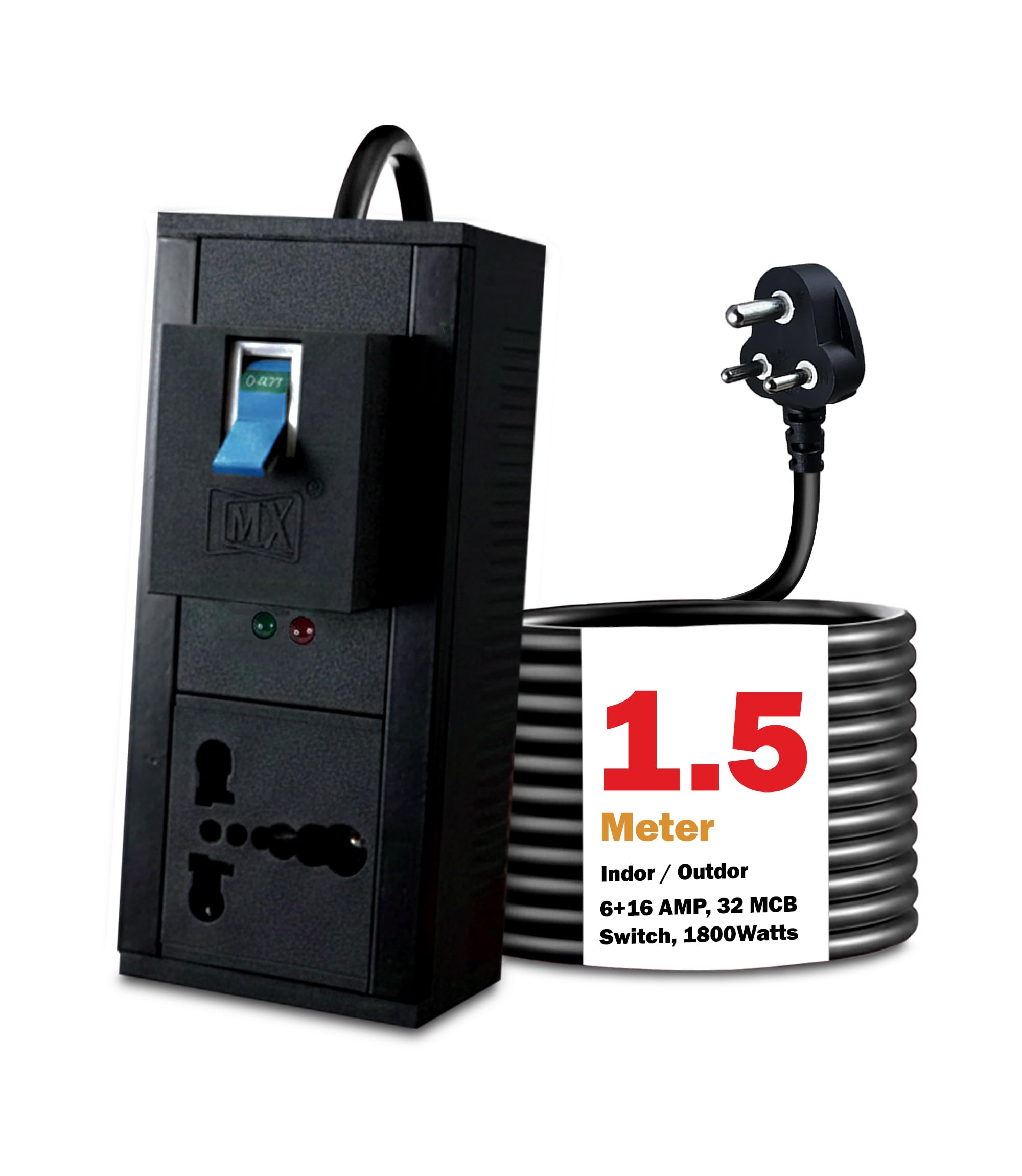 MX 16 amp Extension Cord Single Socket Extension Board 6amp - 16amp to 5amp Plug Heavy Duty Power Cord 1.5 Meter (1800W) with 32amp MCB Switch (0.75 Sq.mm ISI Marked) AC Line Fault Detector-picture-40
