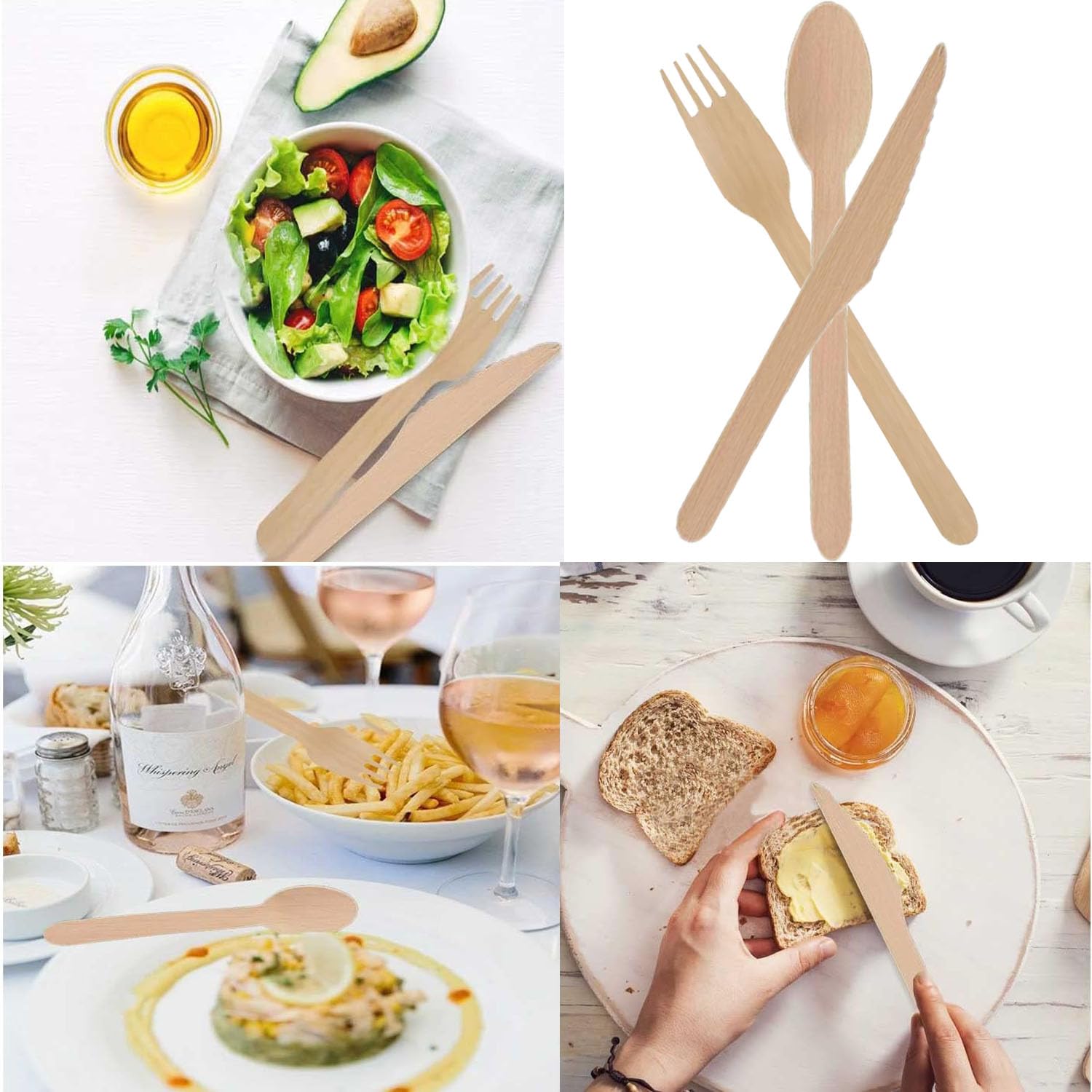 Posate di Legno 300 Pezzi - Set Biodegradabile con Cucchiaio, Coltello e Forchetta per Compleanni, Picnic, Campeggio