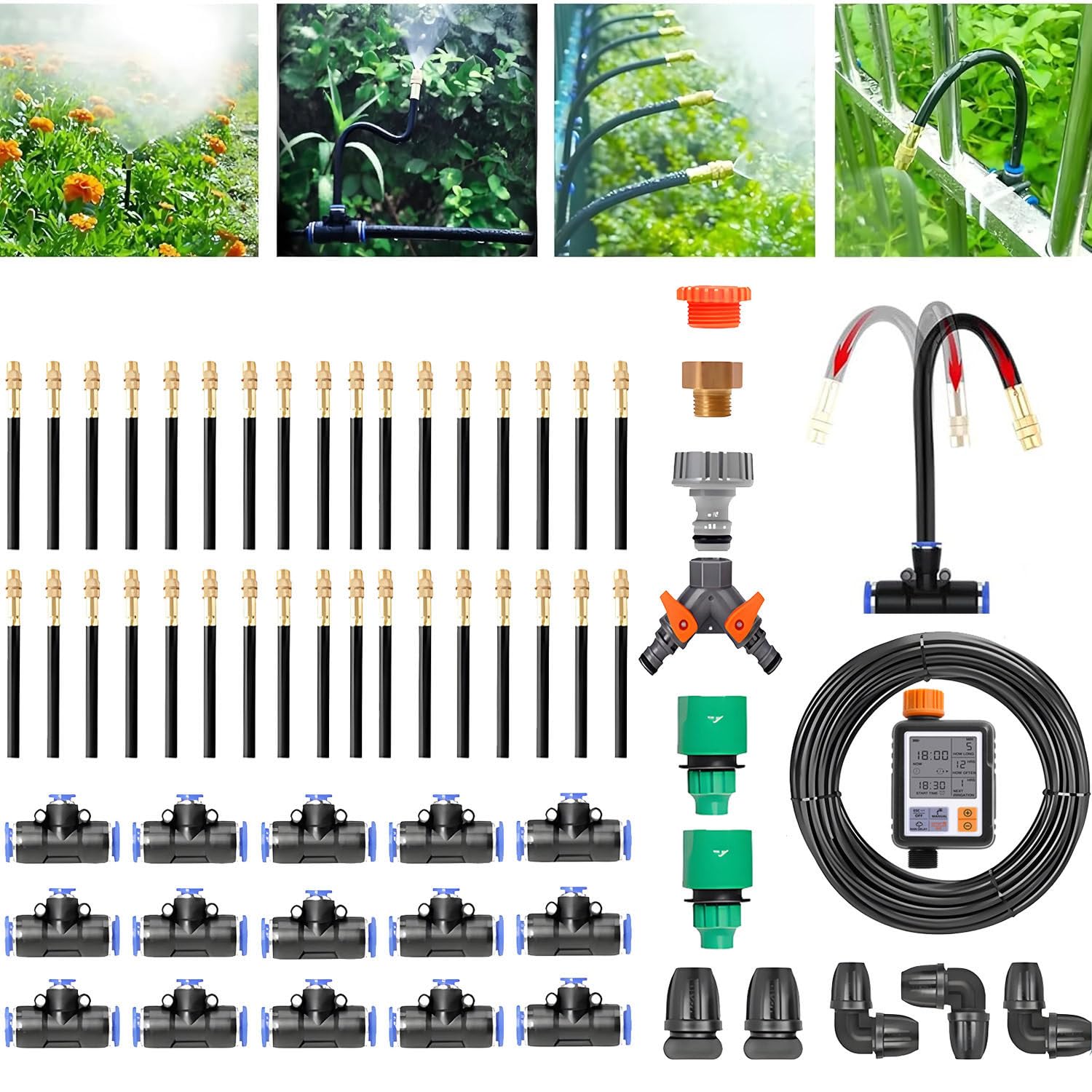 BOOZXCV Drip Irrigation with Quick-Connect Fittings and Adjustable Emitters for Garden Beds, Greenhouse, and Lawn Watering (40m)