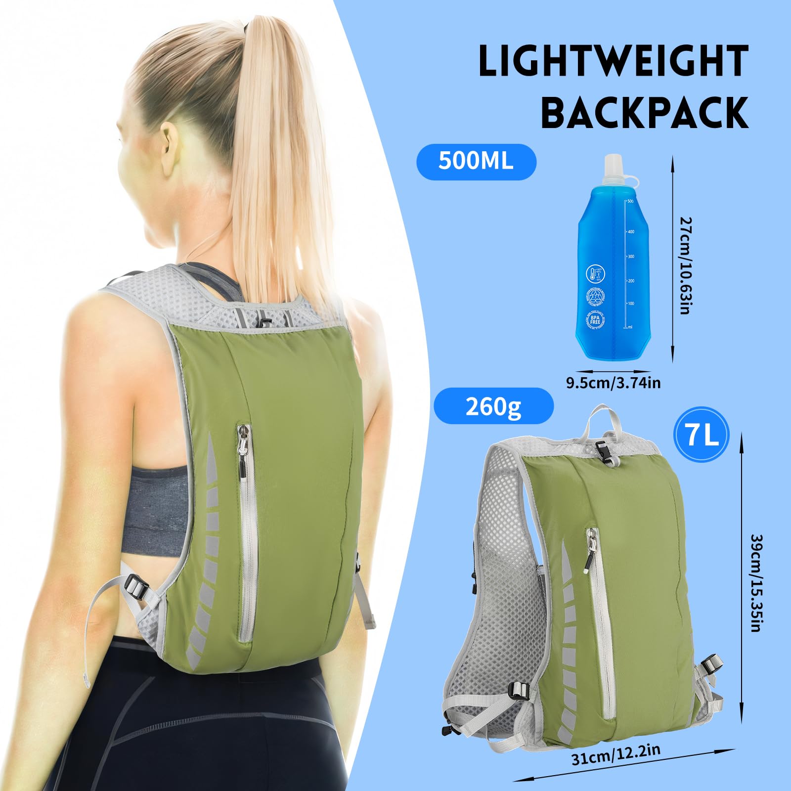 Expansea Zaino da Corsa 7L, Super Leggero Zaino Uomo & Donna, Tasche Multiple, Running Vest With Borraccia Morbida 500ml per Ciclismo, Maratona,Corsa, Arrampicata e Altri Sport All'Aria Aperta