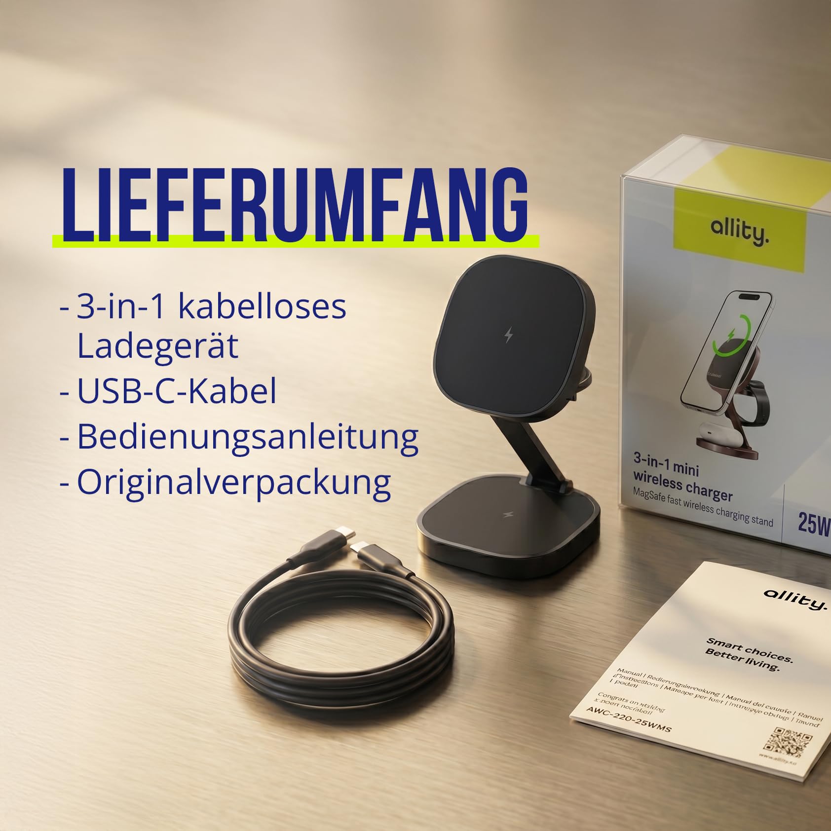 3-in-1 Ladegerät 25W – Faltbare Kabellose Ladestation für iPhone, Apple Watch & AirPods – Mini Wireless Charging Stand mit LED & USB-C – Kompatibel mit Qi & MagSafe – Graphit | iPhone Watch AirPods Ladestation, faltbar, 100 g, 10 x 70 x 100 mm, USB-C-Kabe