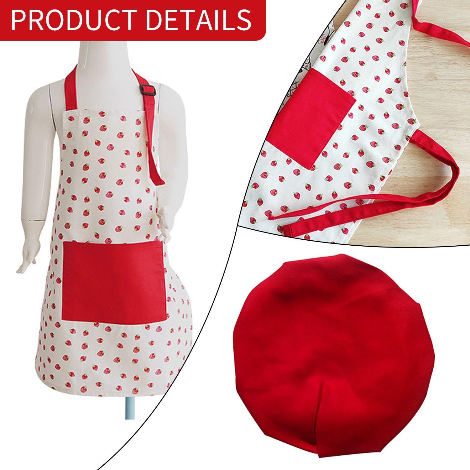 FFDHWU Strawberry Kids Apron With Chef Hat, Anti-Stain, Halter Neck, Apron With Pocket, Kitchen Baking Apron, Kids Cooking Set - Image 3
