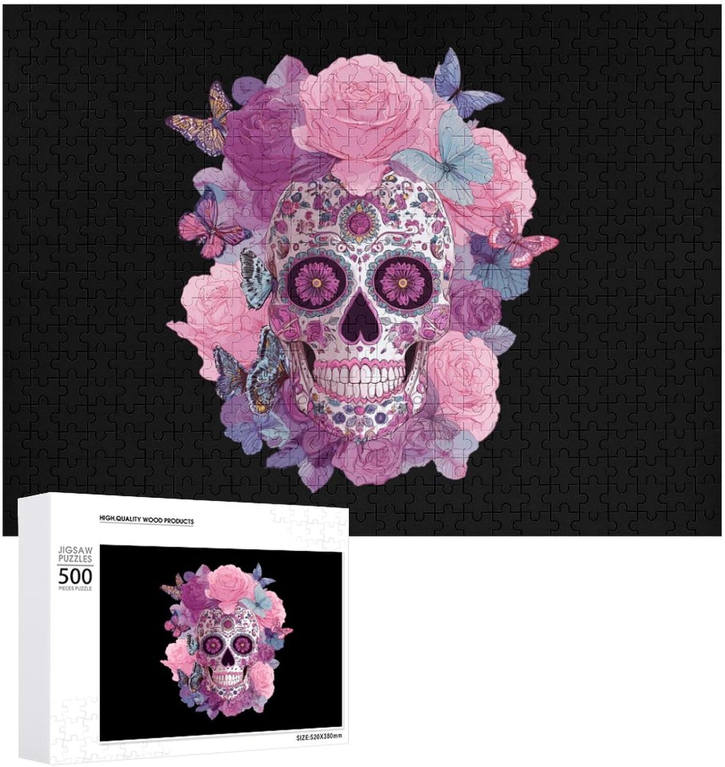 Gothic Skull Skeleton Rose Butterfly Puzzles for Adults 500 PCS Wooden Jigsaw Puzzle Wall Decor Christmas