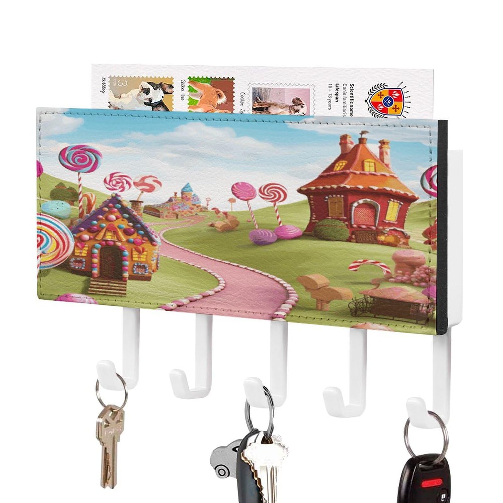 Fekiloot White-Style Candy Key Holder Wall Mount Key And Mail Holder Key Hanger With 5 Hooks Decorative Pu Key Rack Hanging Key Hooks For Wall Living Room Kitchen Bathroom Hallway