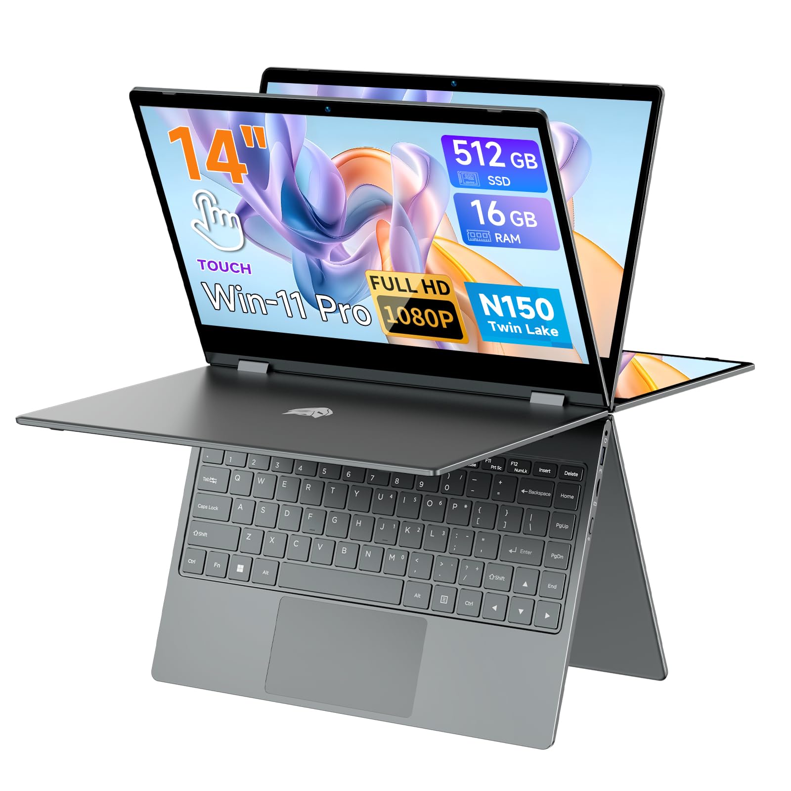BMAX Ordinateur Portable 2 en 1 Intel N150 (surpasse N100/R3 3200U) Écran Tactile PC Portable 14" 16Go RAM 512Go SSD Clavier Rétroéclairé Win11 Laptop BT5.0, Type C, USB 3.2 Film du Clavier Français