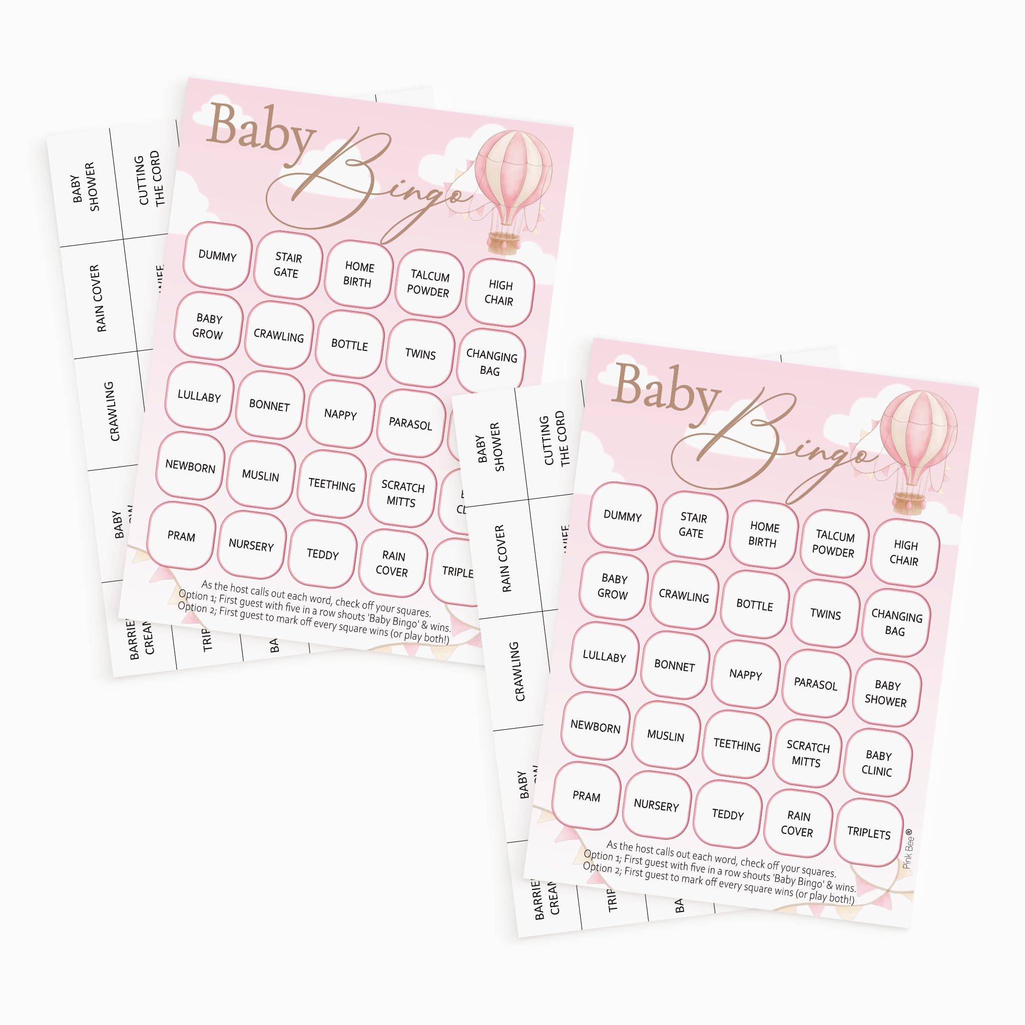 Pink Bee Baby Shower Bingo Game in a Sweet Hot Air Balloon Theme; Up, Up and Away in Pink for Baby Girls. (2 x 20 Player)