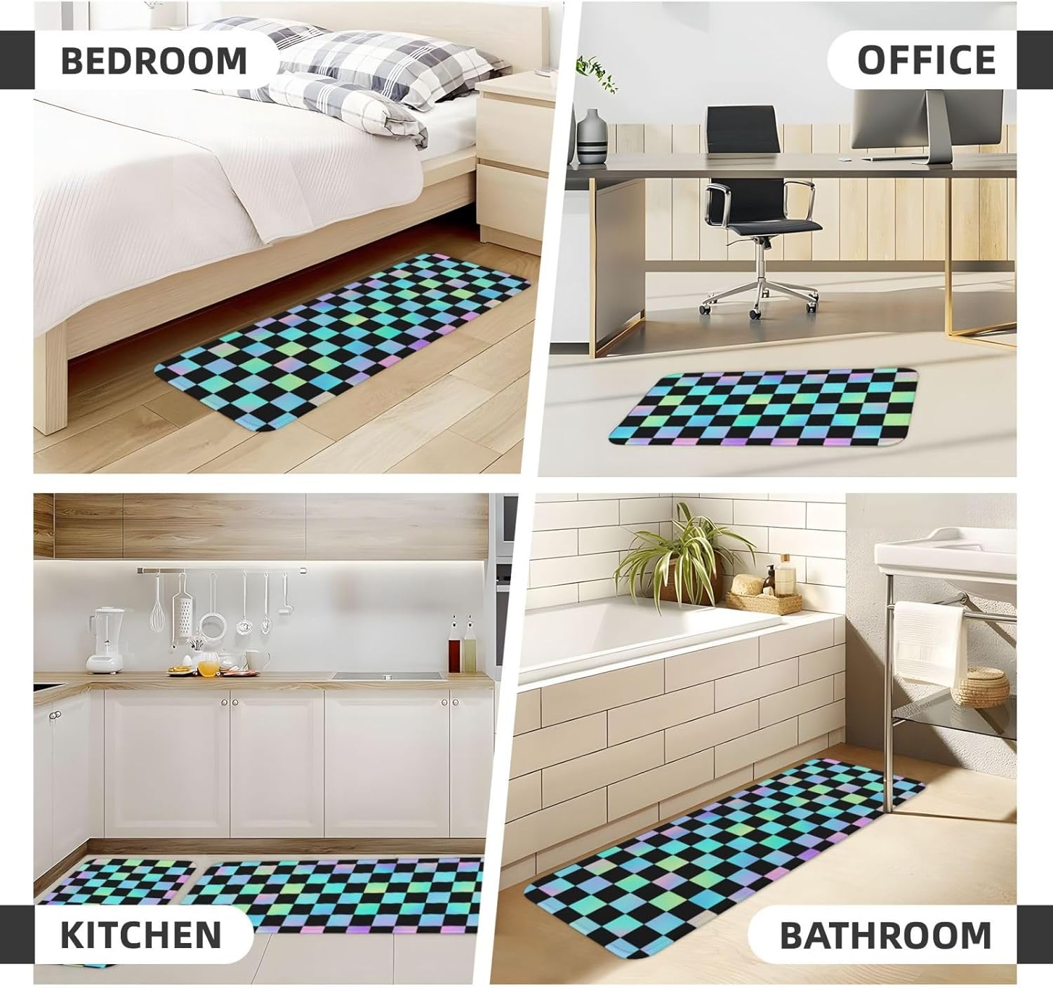 2 Piece Kitchen Mats for Floor, Anti Fatigue Mats for Kitchen Floor, Iridescent Checker Print Kitchens Rugs Non Slip Washable Sets of 2, Home Decor