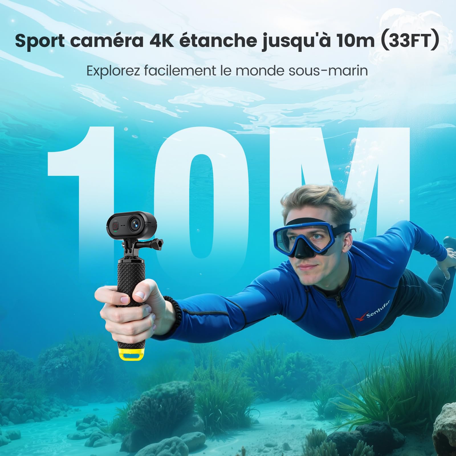4K 30FPS Mini Caméra d'action, 64Go POV Mains Libres Caméra, 10m