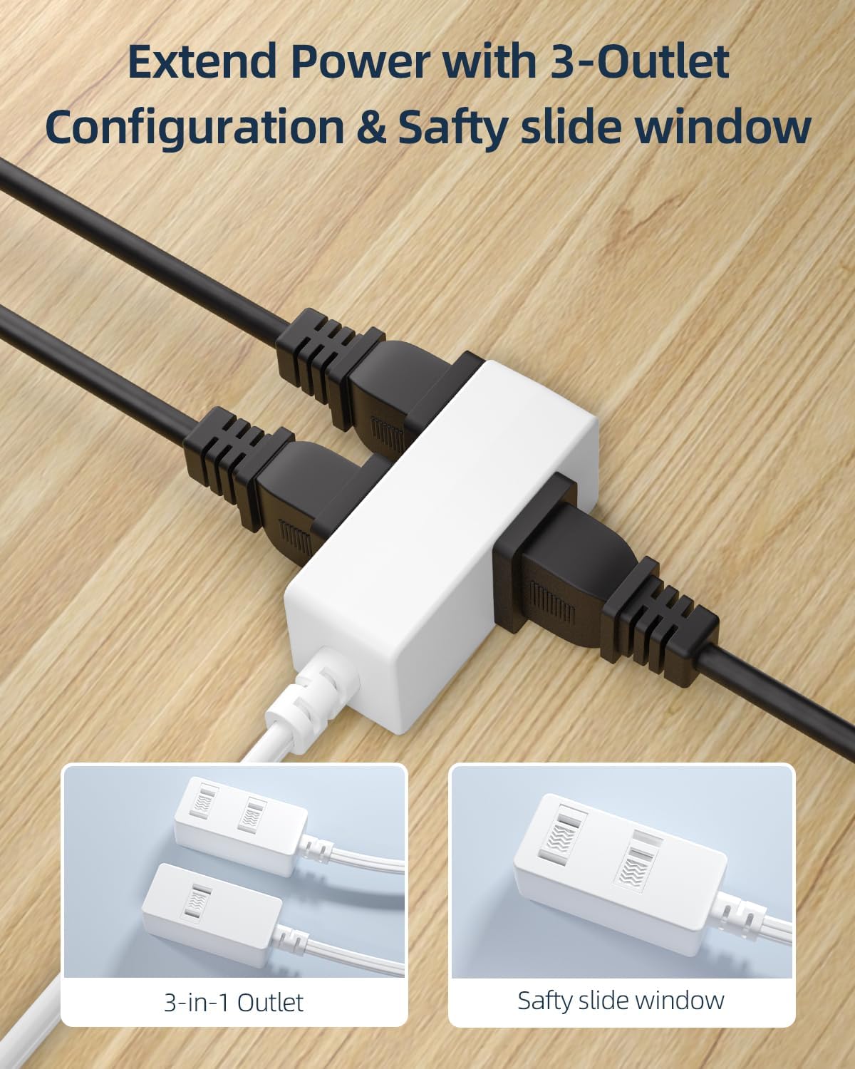 Indoor Extension Cord 12 Ft - White 2-Prong Power Strip with 3 Polarized Outlets & Safety Slide Windows, 16/2 AWG, 13A/1625W for Home, Office & Travel